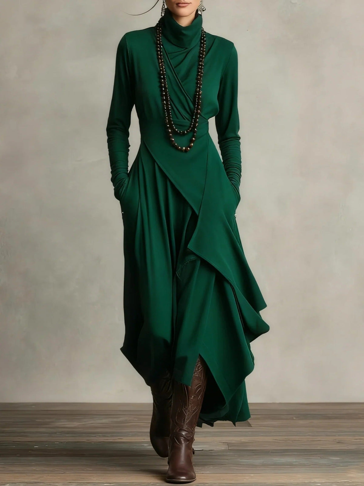 Vestido Largo de Invitada de Invierno Drapeado con Cuello Alto