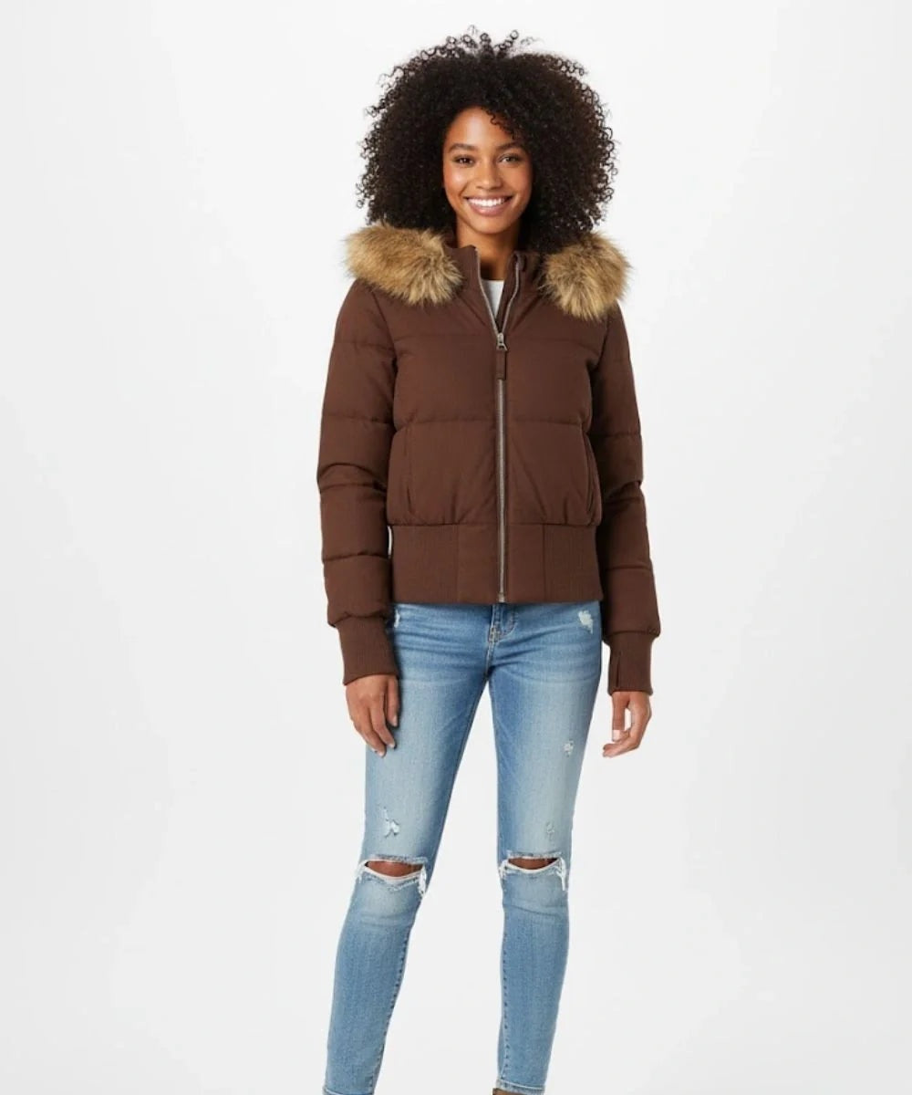 Chaqueta de Plumas con Capucha de Piel Sintética para Mujer