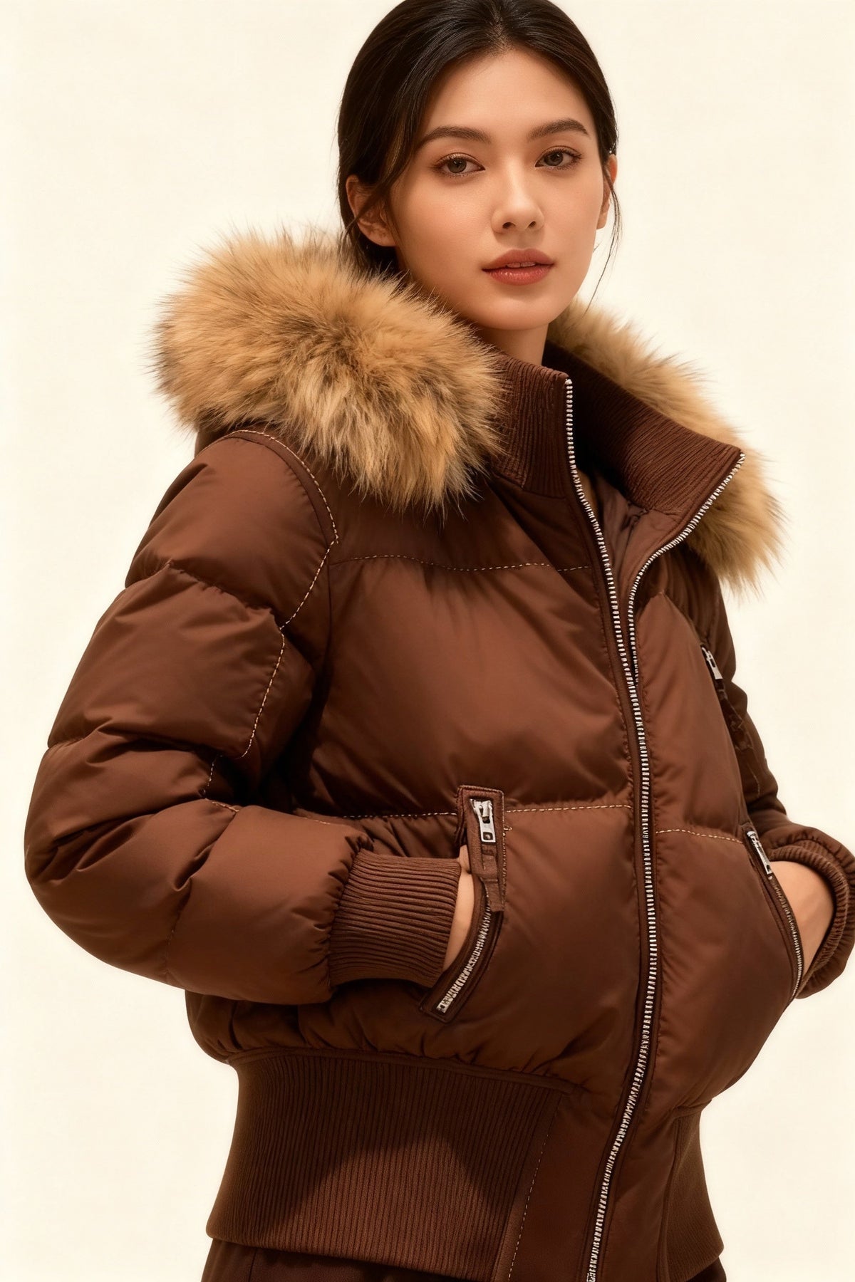 Chaqueta de Plumas con Capucha de Piel Sintética para Mujer