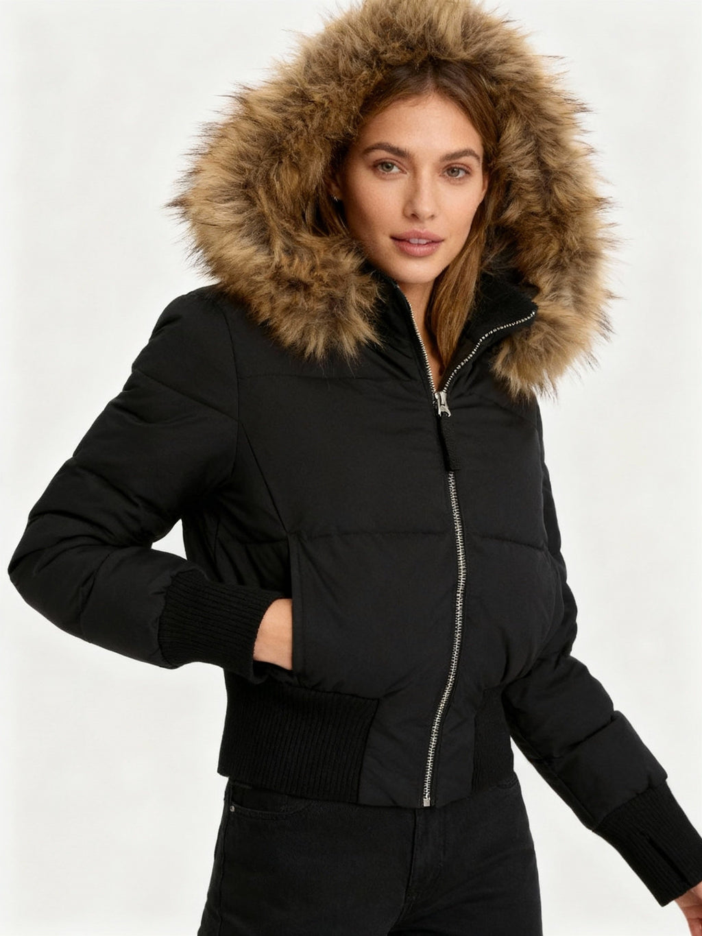 Chaqueta de Plumas con Capucha de Piel Sintética para Mujer