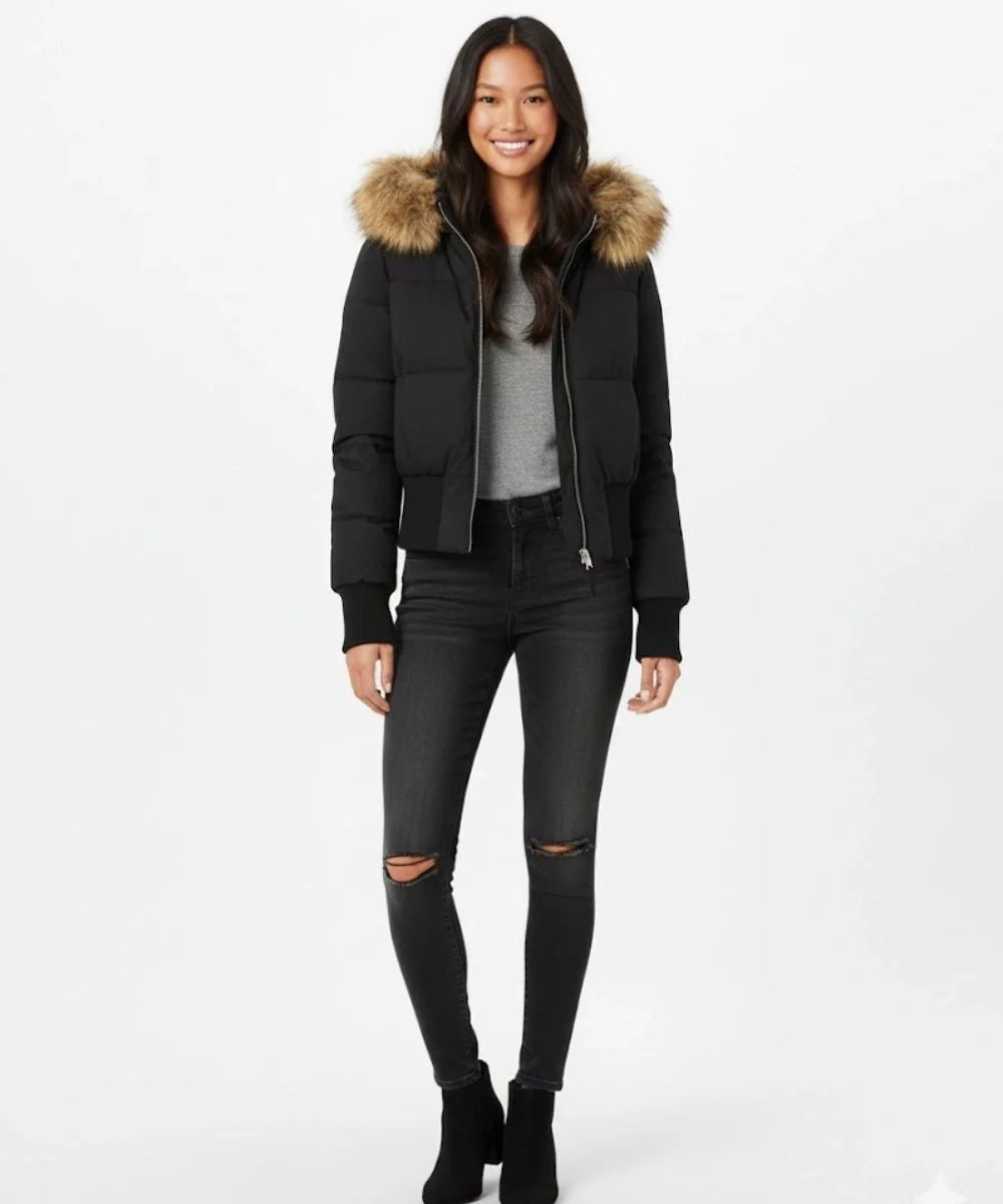 Chaqueta de Plumas con Capucha de Piel Sintética para Mujer