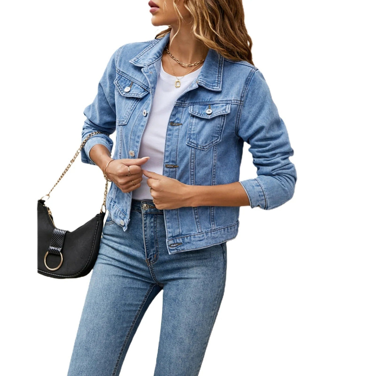 Chaqueta Vaquera Corta con Bolsillos para Mujer