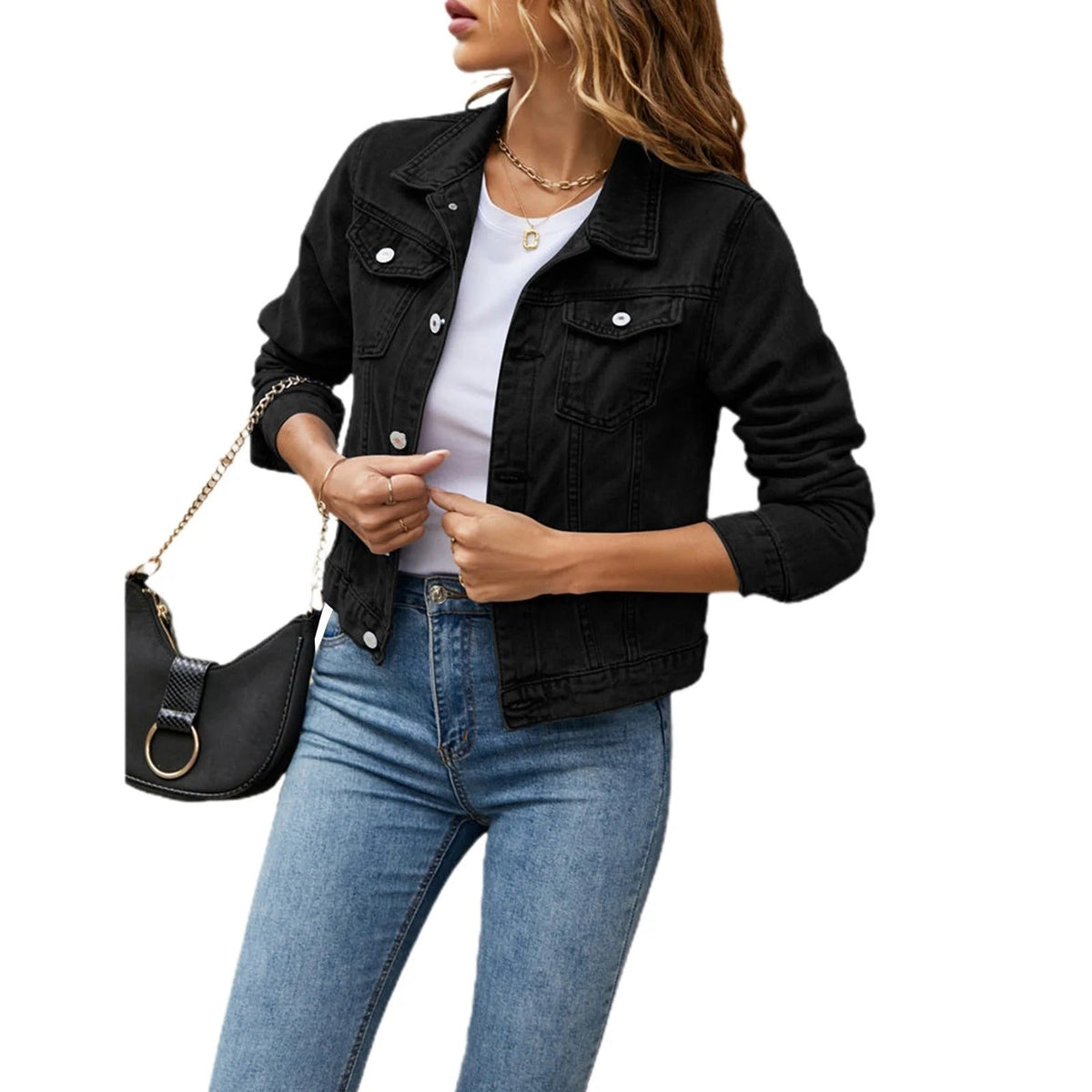 Chaqueta Vaquera Corta con Bolsillos para Mujer
