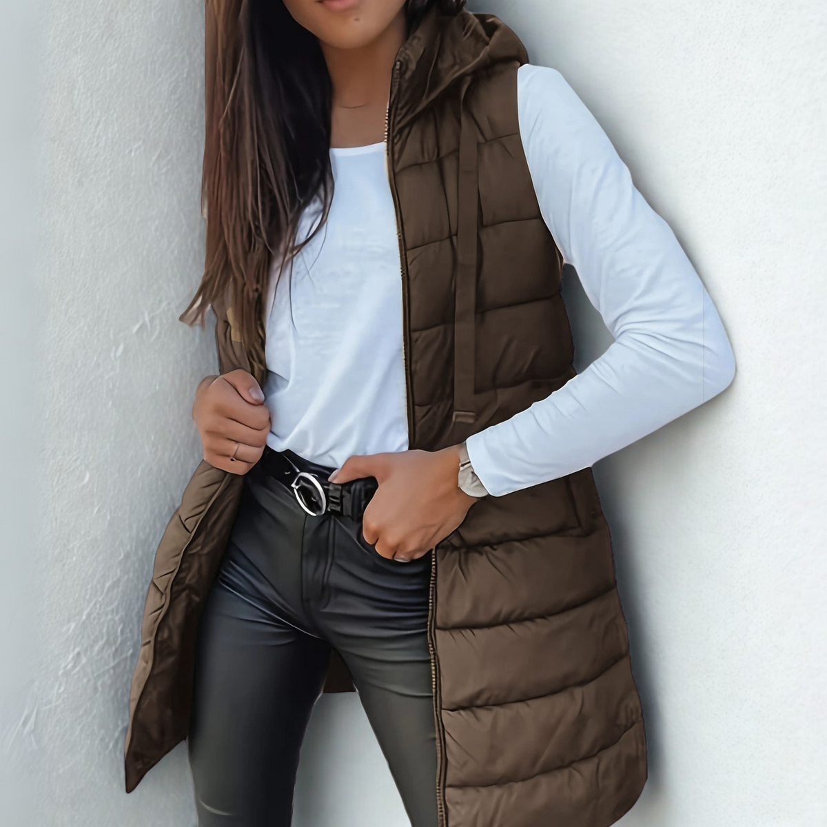 Andrea | Chaleco Largo Acolchado Mujer Capucha