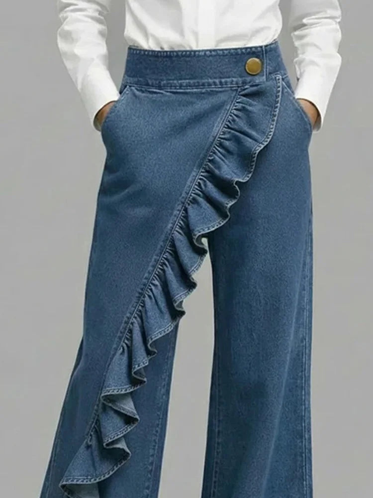 Nuria Mujer Vaqueros Wide Leg con Volantes Cintura Alta