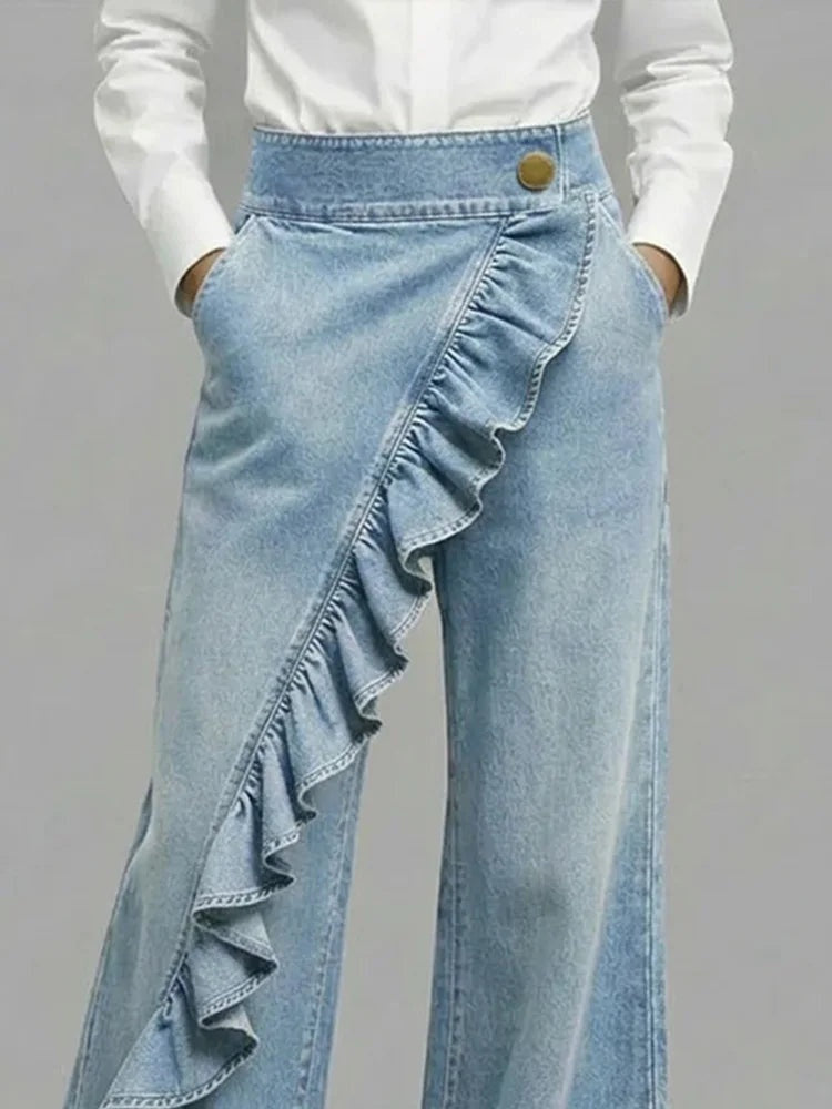 Nuria Mujer Vaqueros Wide Leg con Volantes Cintura Alta