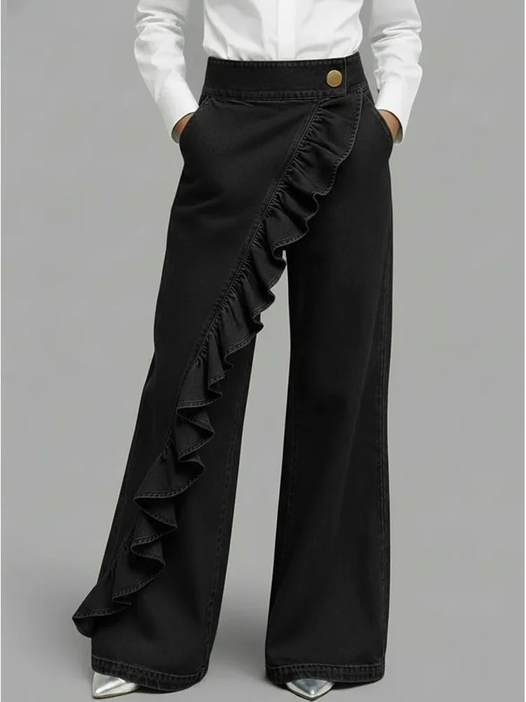 Nuria Mujer Vaqueros Wide Leg con Volantes Cintura Alta