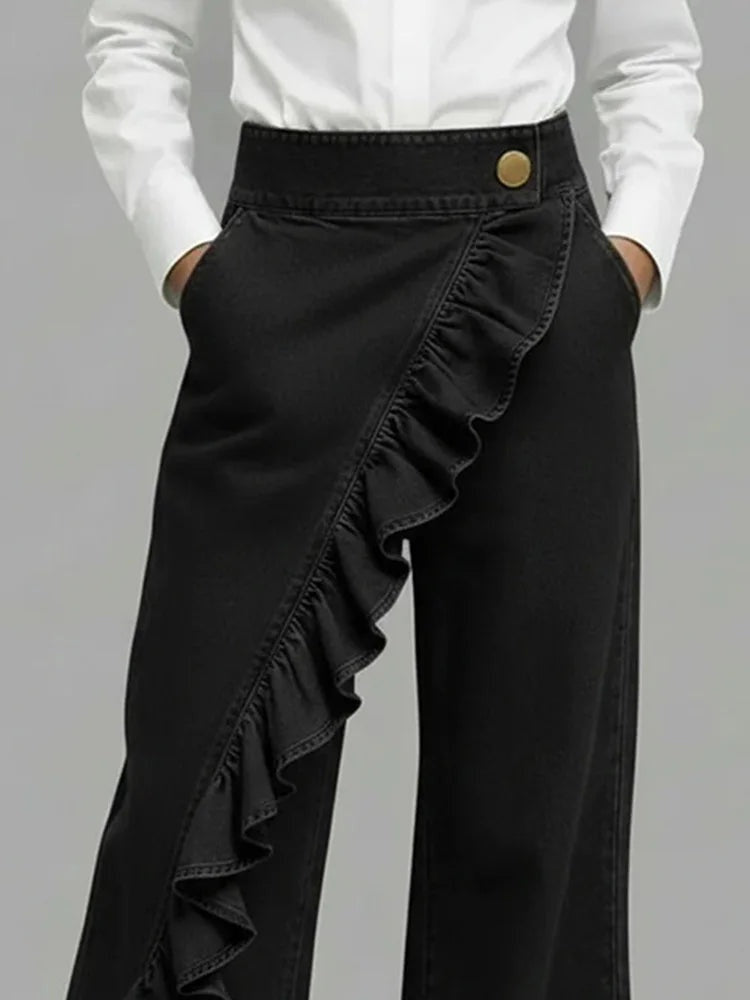Nuria Mujer Vaqueros Wide Leg con Volantes Cintura Alta