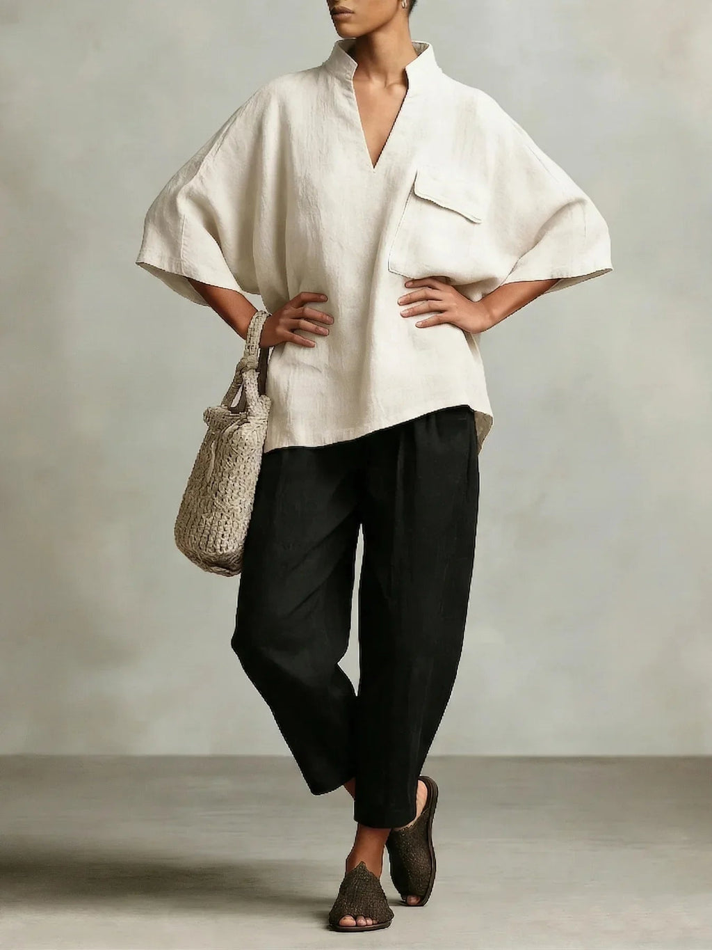 Poncho Elegante | Conjunto Poncho de Lino Mujer Dos Piezas Escote V