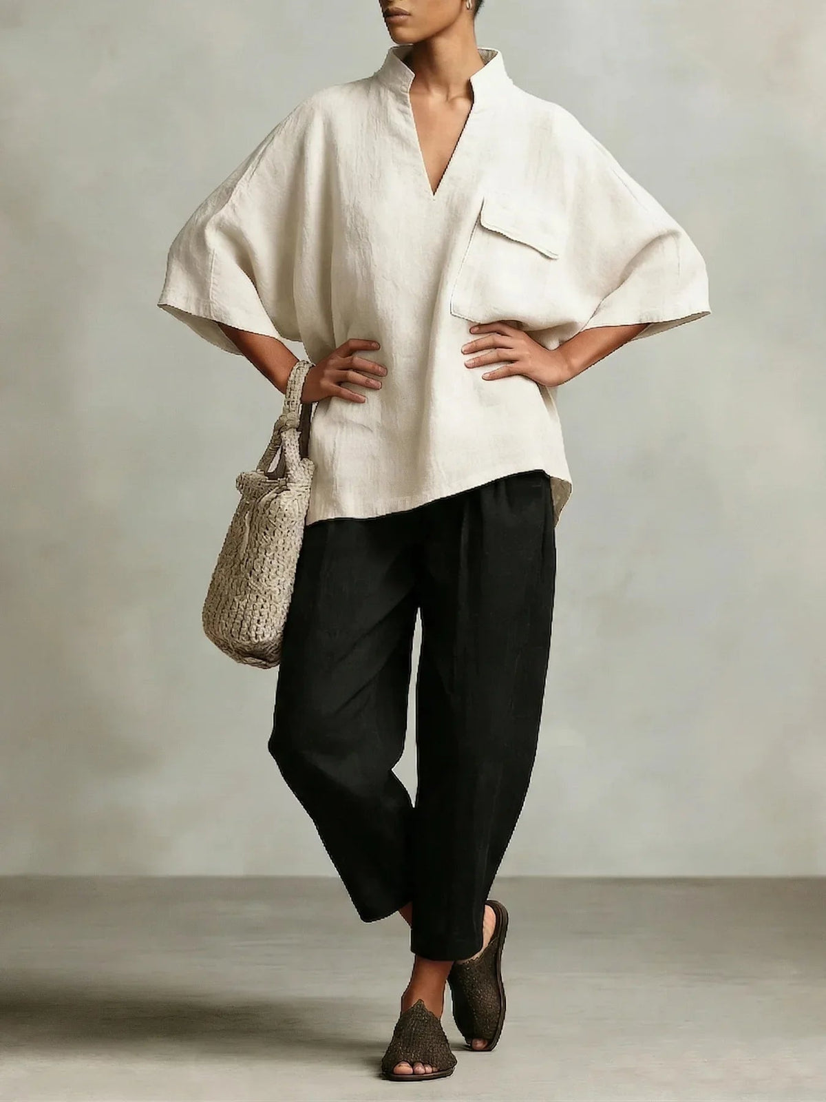 Poncho Elegante | Conjunto Poncho de Lino Mujer Dos Piezas Escote V