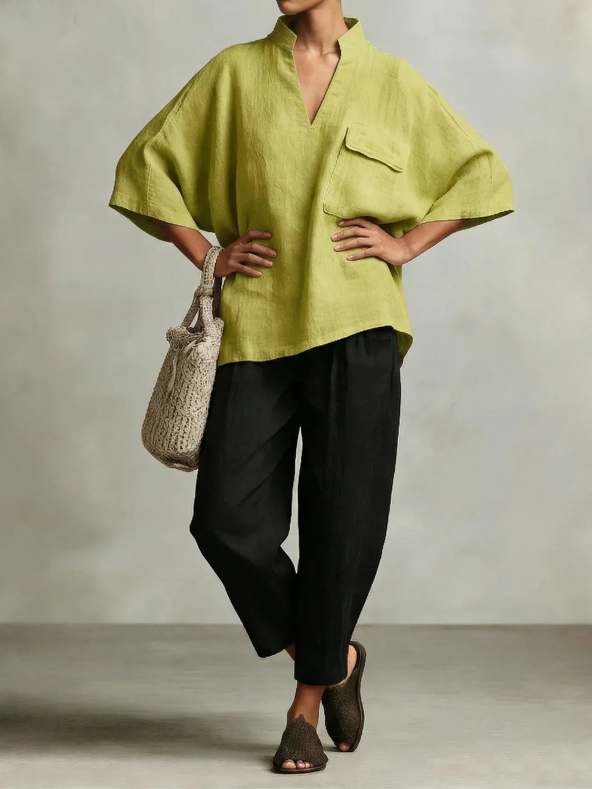 Poncho Elegante | Conjunto Poncho de Lino Mujer Dos Piezas Escote V