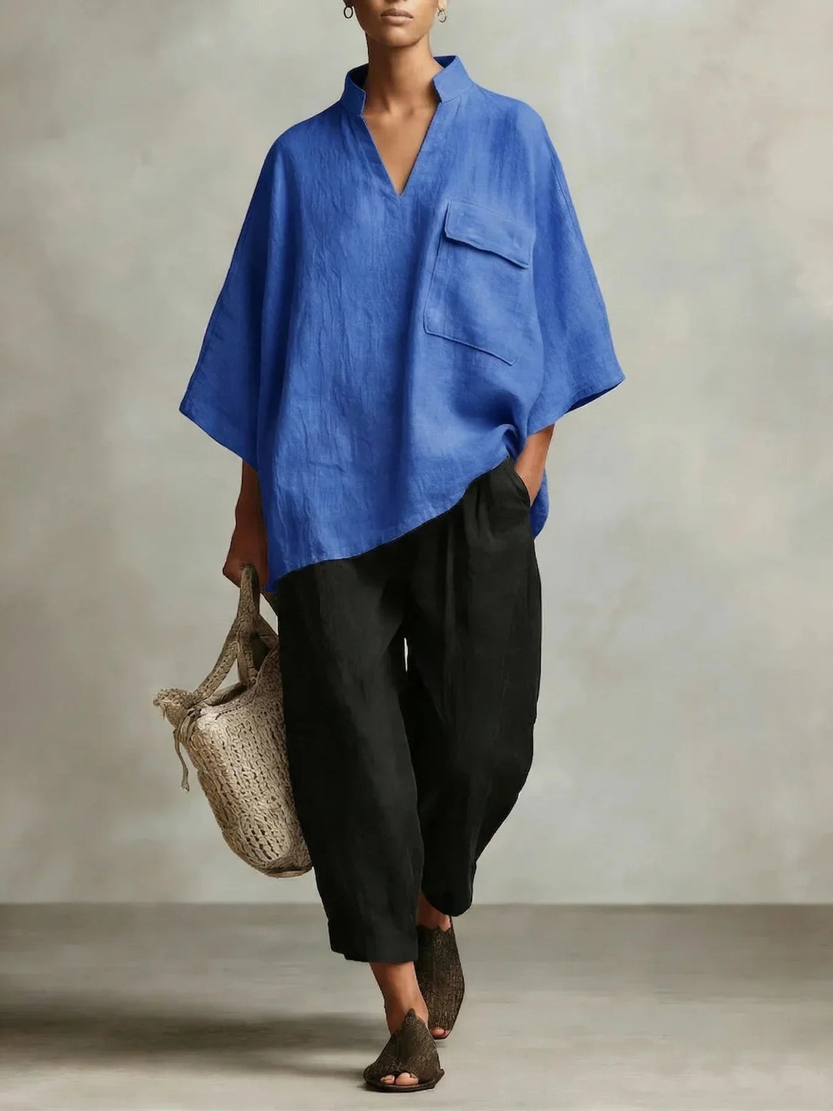 Poncho Elegante | Conjunto Poncho de Lino Mujer Dos Piezas Escote V