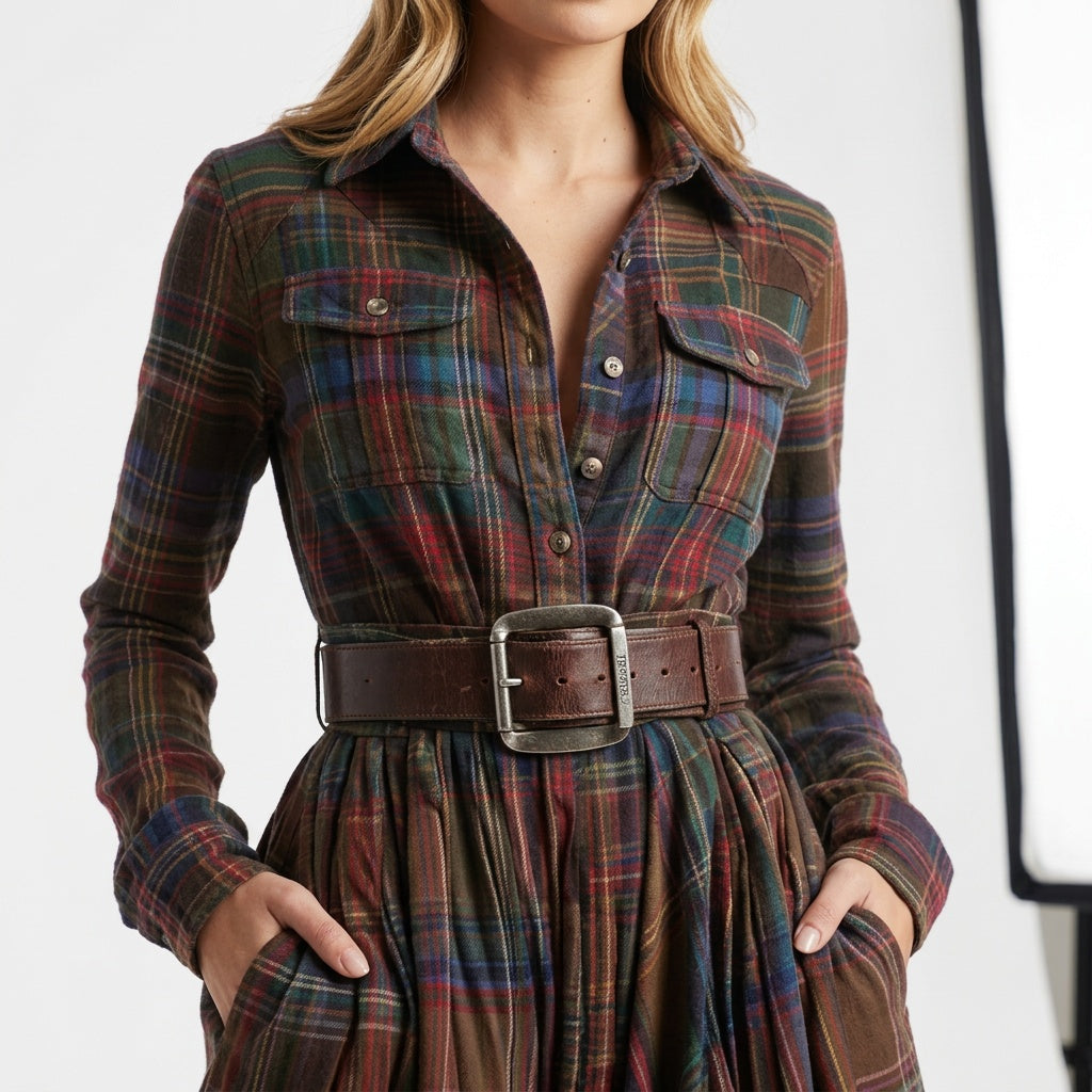 Vestido Largo de Invitada de Invierno de Cuadros con Manga Larga