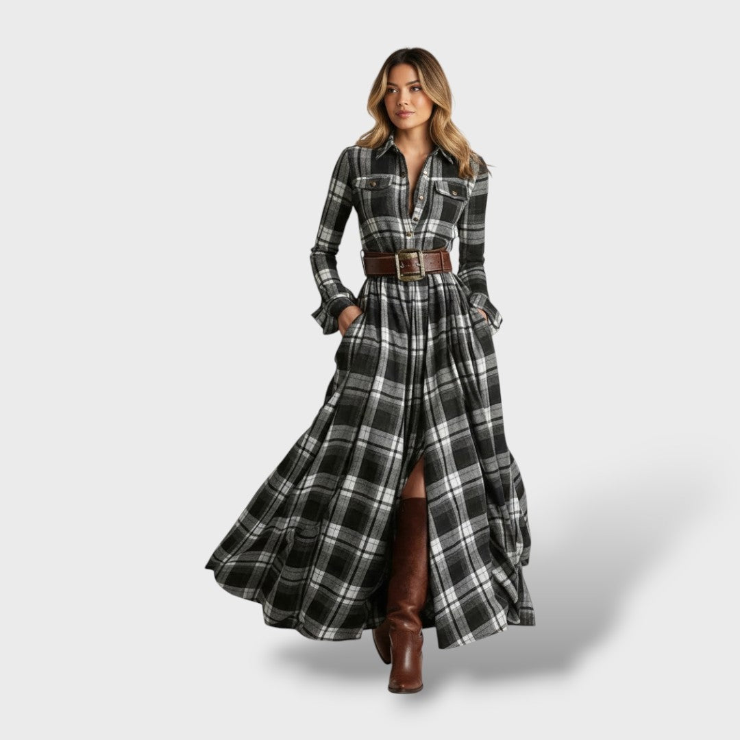 Vestido Largo de Invitada de Invierno de Cuadros con Manga Larga