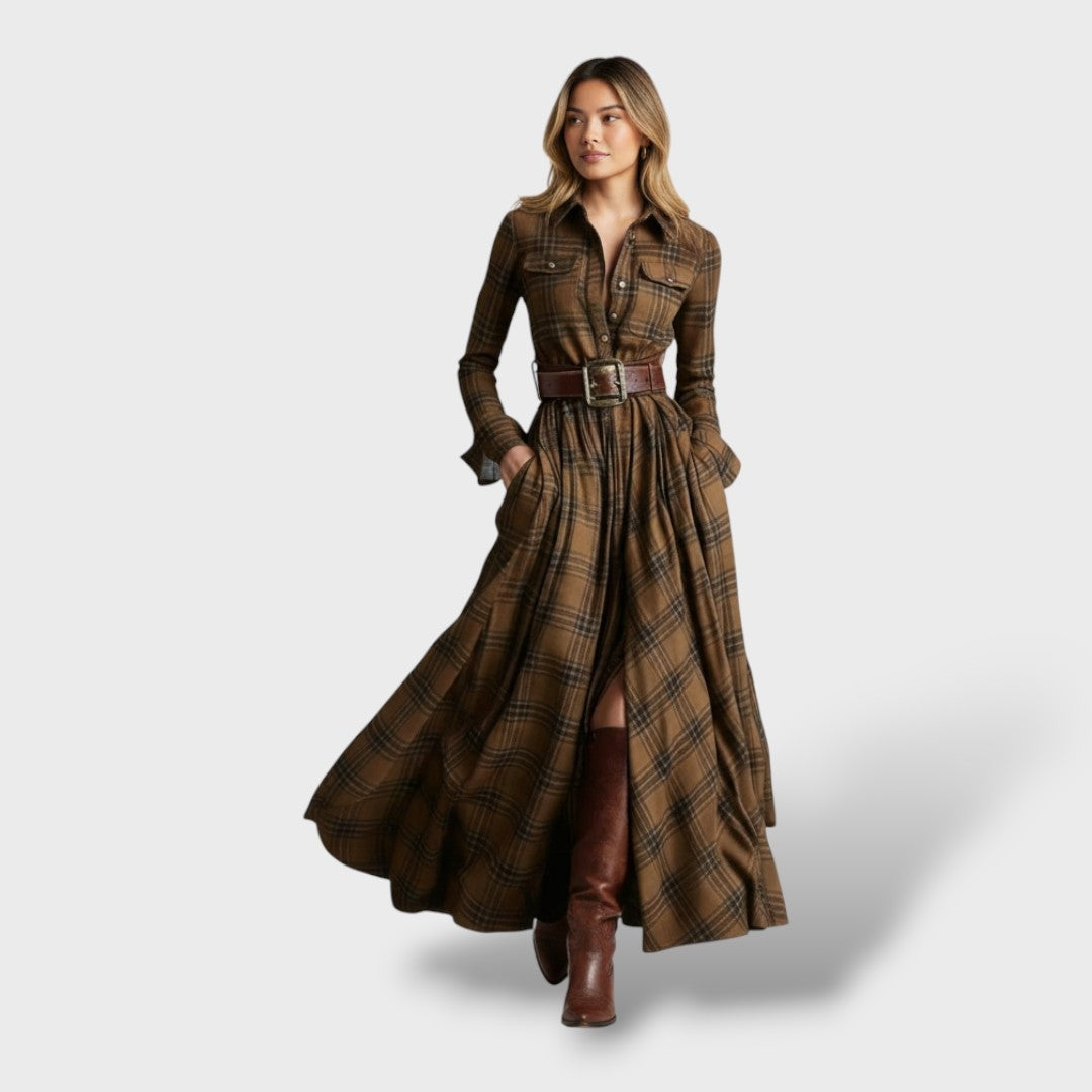 Vestido Largo de Invitada de Invierno de Cuadros con Manga Larga