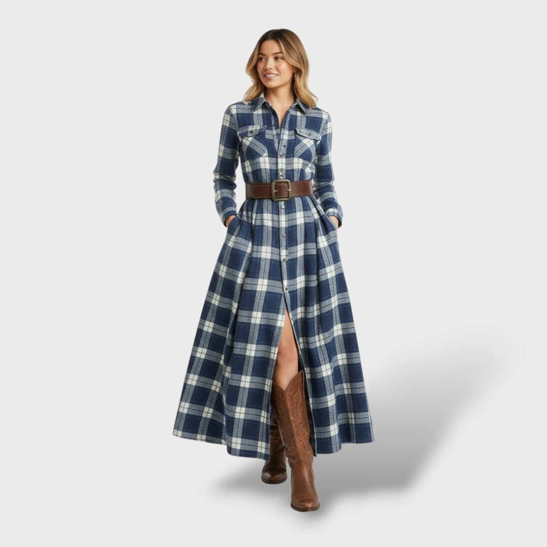 Vestido Largo de Invitada de Invierno de Cuadros con Manga Larga