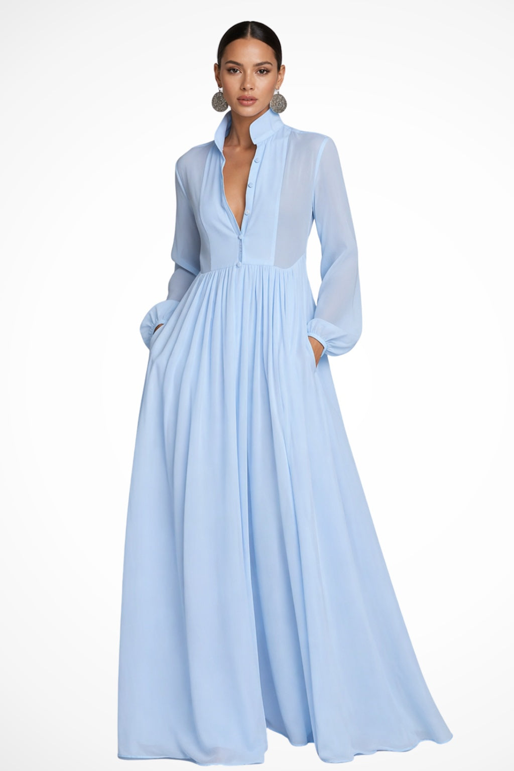 Vestido Largo de Novia Sencillo de Gasa con Manga Larga