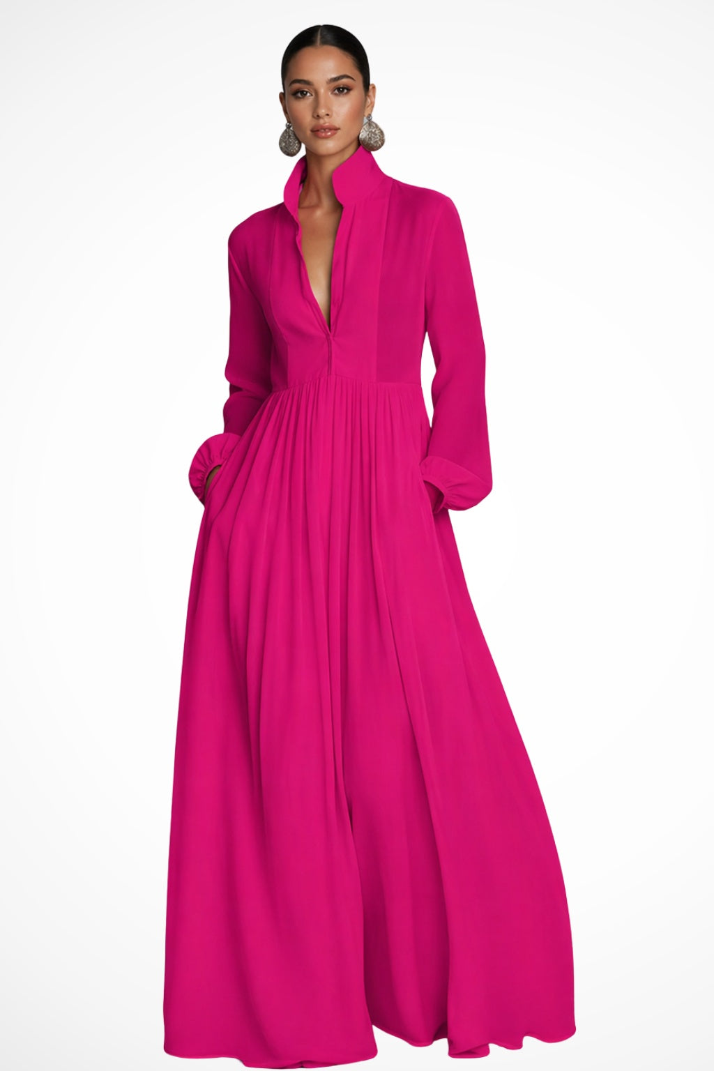 Vestido Largo de Novia Sencillo de Gasa con Manga Larga