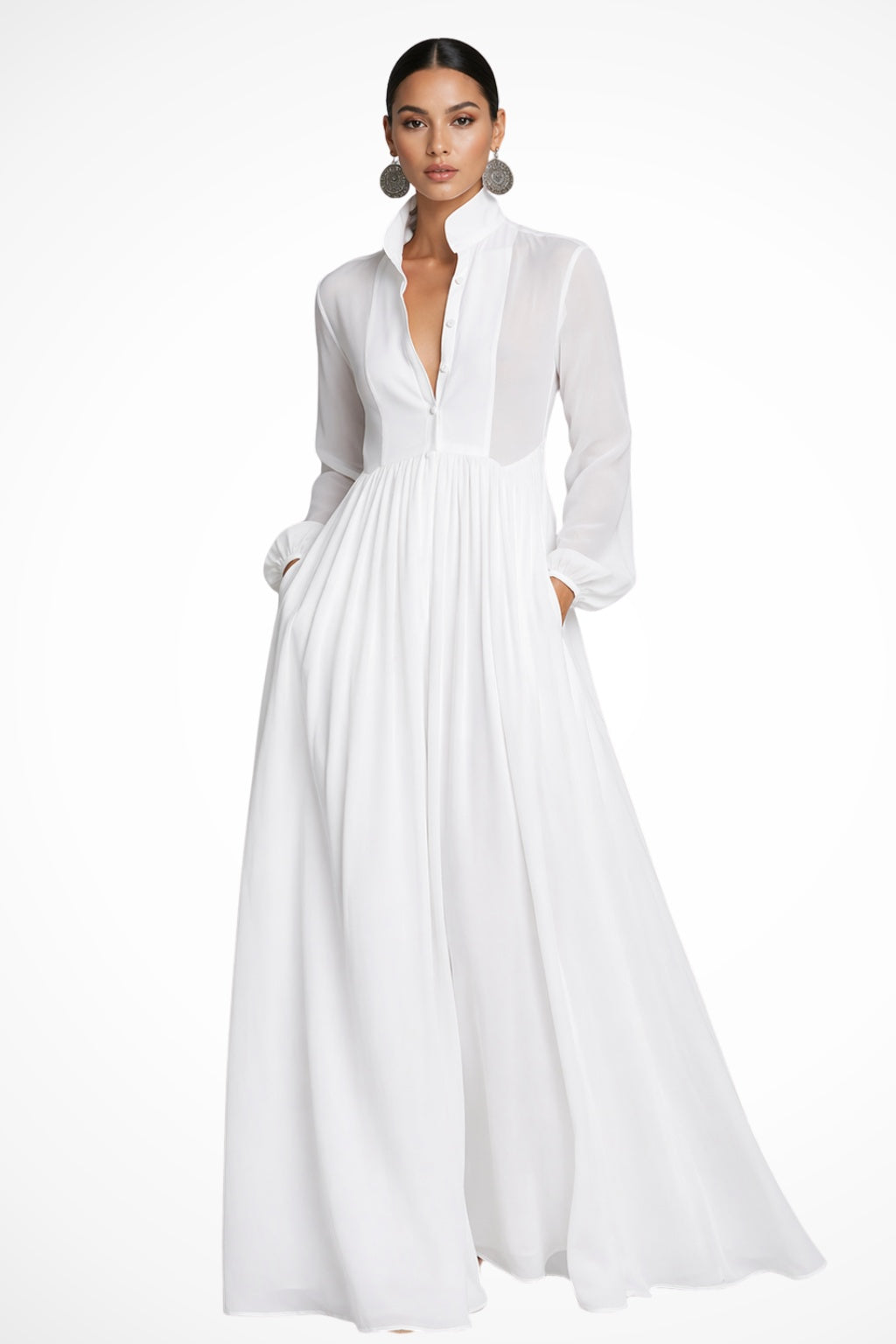 Vestido Largo de Novia Sencillo de Gasa con Manga Larga