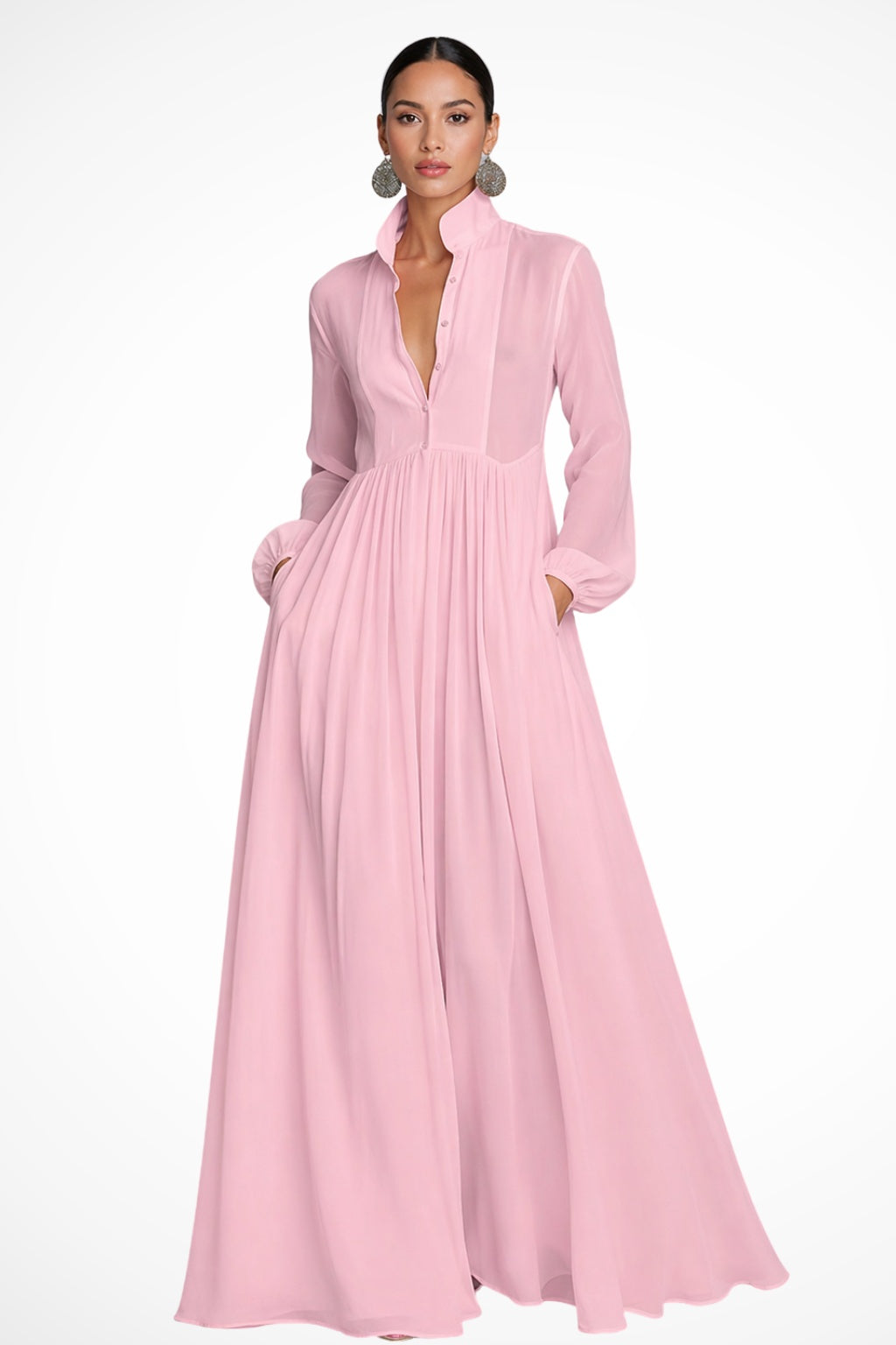 Vestido Largo de Novia Sencillo de Gasa con Manga Larga