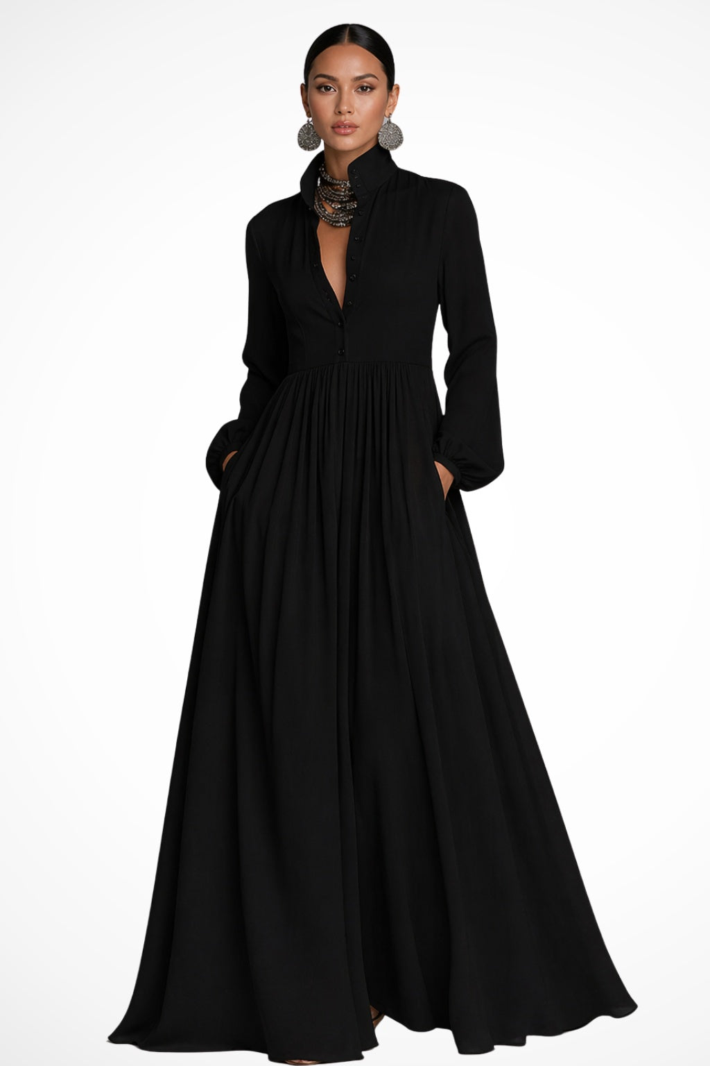 Vestido Largo de Novia Sencillo de Gasa con Manga Larga