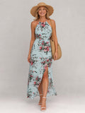 Vestido Largo Floral con Cuello Halter y Abertura Lateral