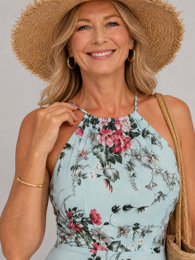 Vestido Largo Floral con Cuello Halter y Abertura Lateral