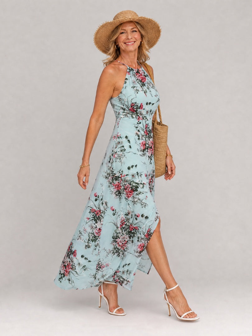 Vestido Largo Floral con Cuello Halter y Abertura Lateral