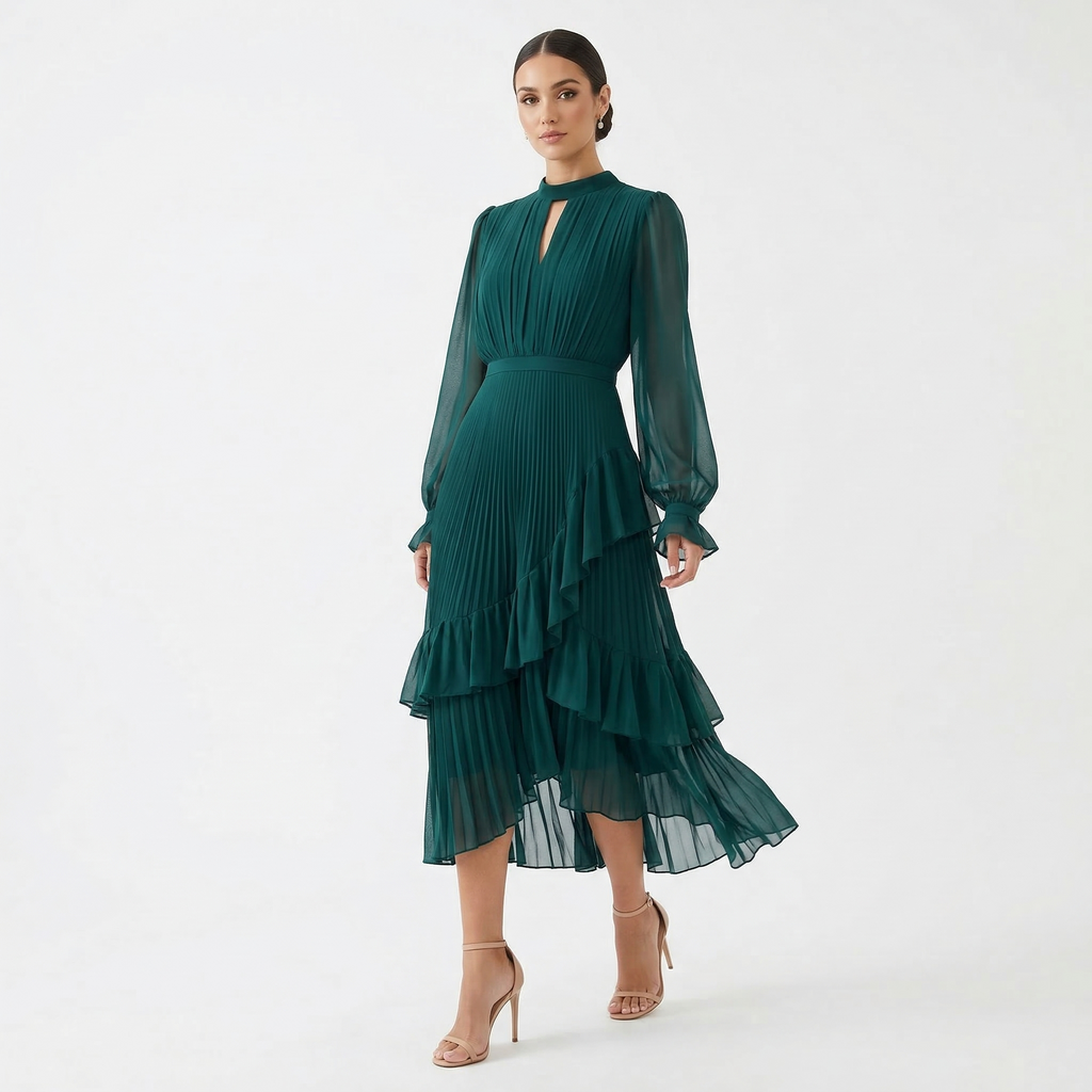 Vestido Midi Plisado con Volantes Cuello Alto