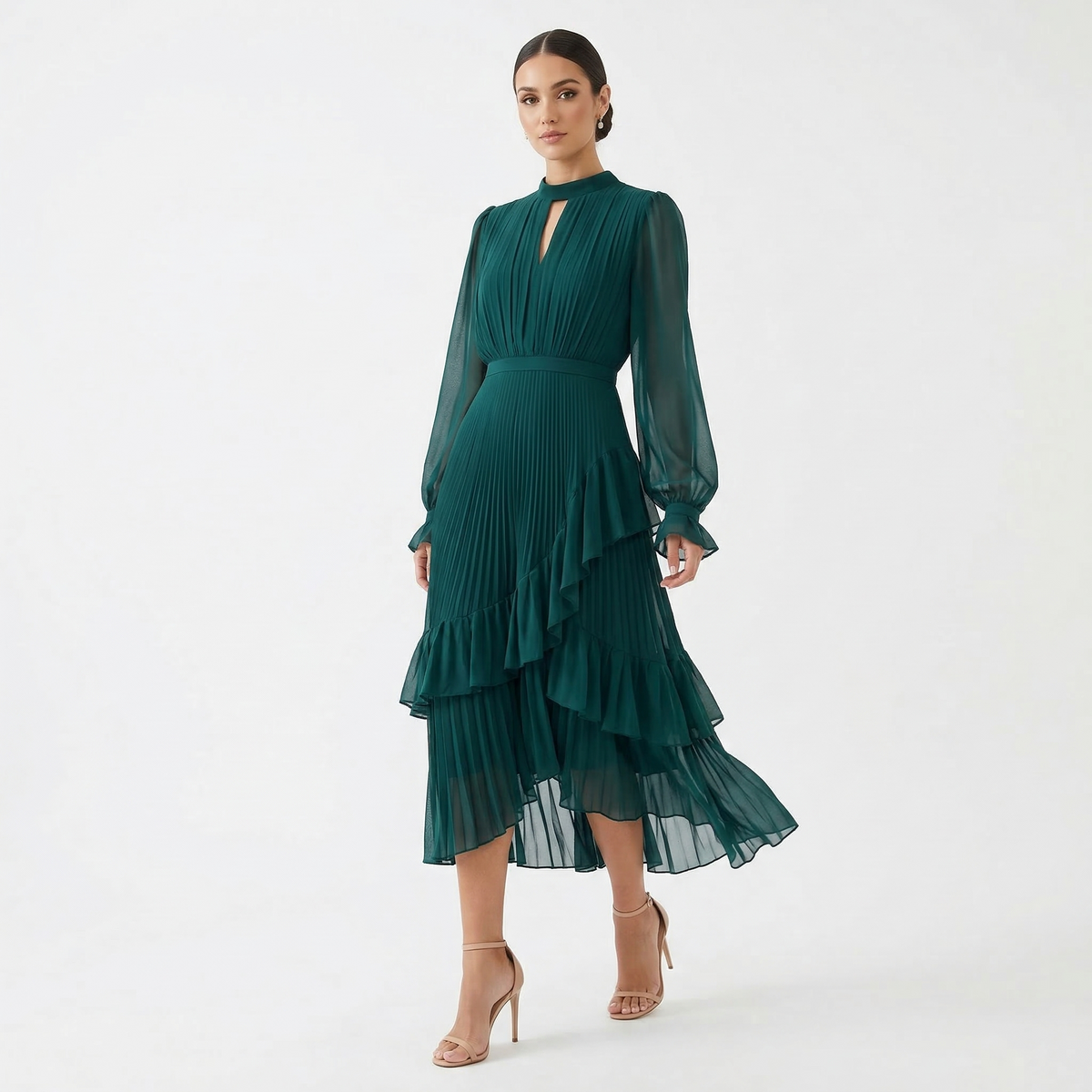 Vestido Midi Plisado con Volantes Cuello Alto