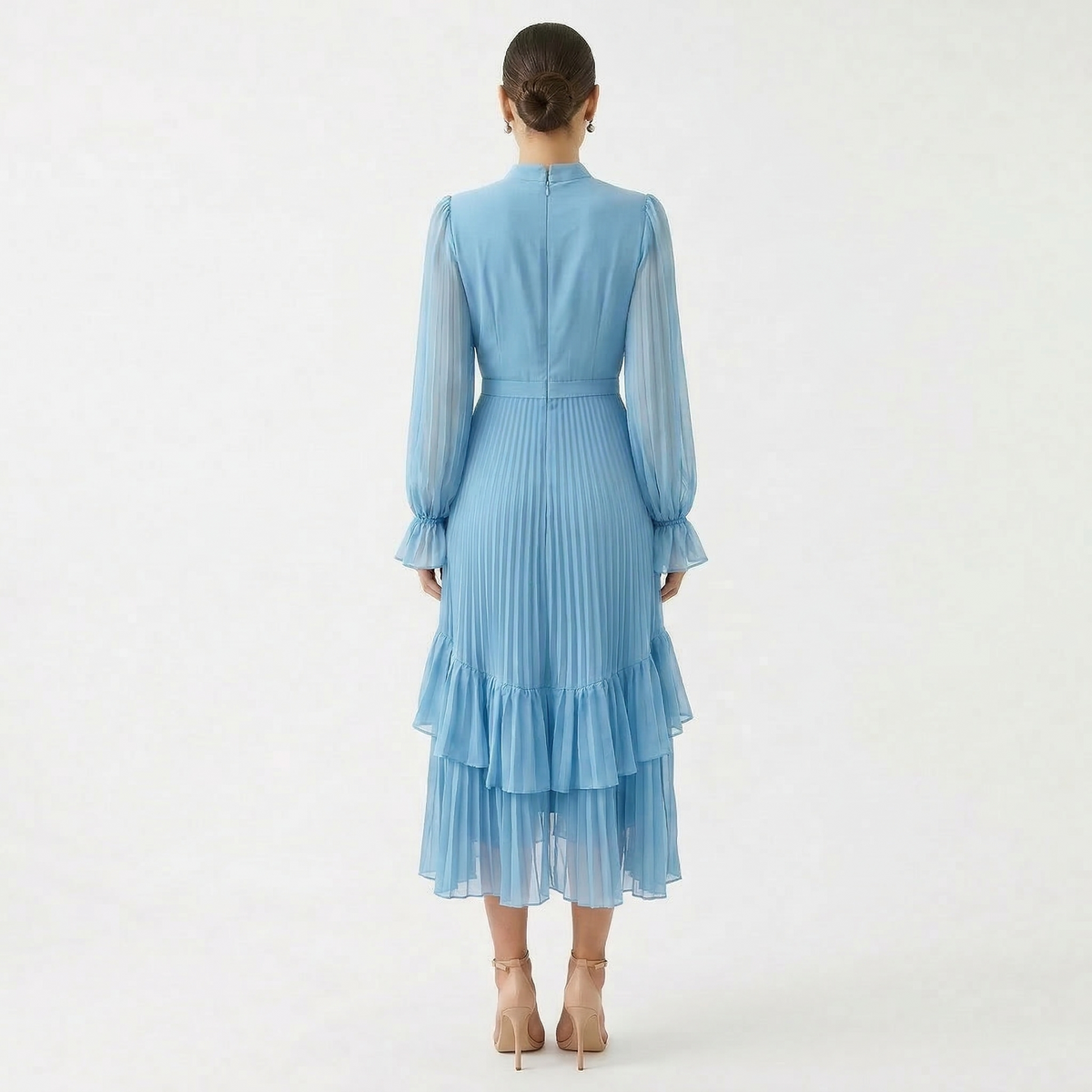 Vestido Midi Plisado con Volantes Cuello Alto