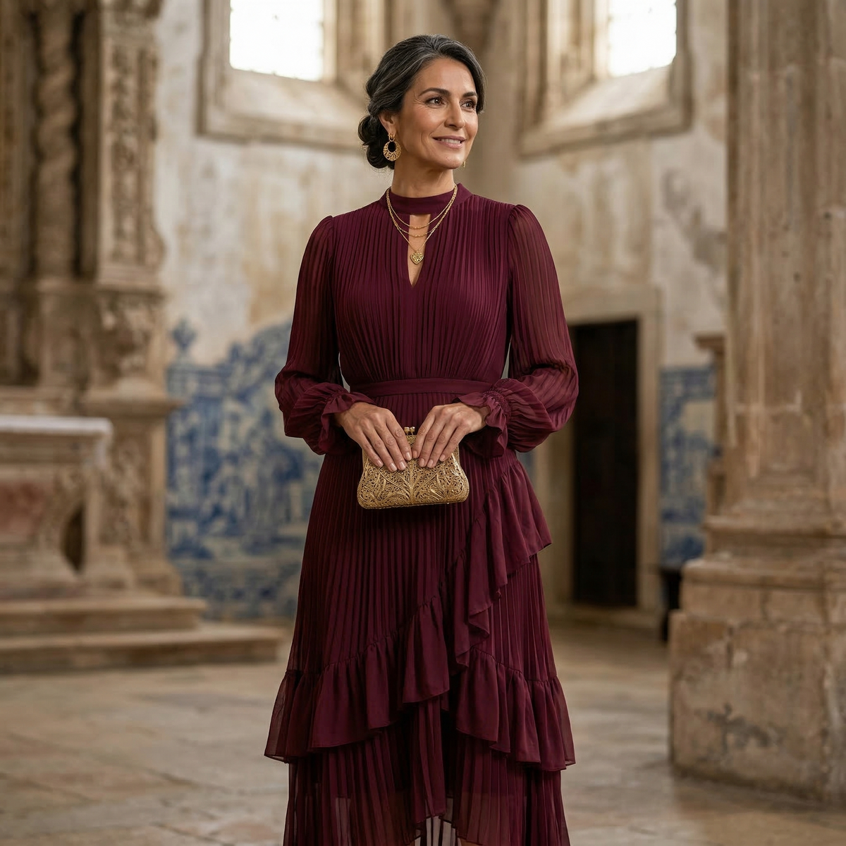 Vestido Midi Plisado con Volantes Cuello Alto