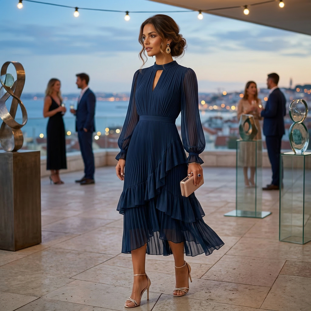 Vestido Midi Plisado con Volantes Cuello Alto