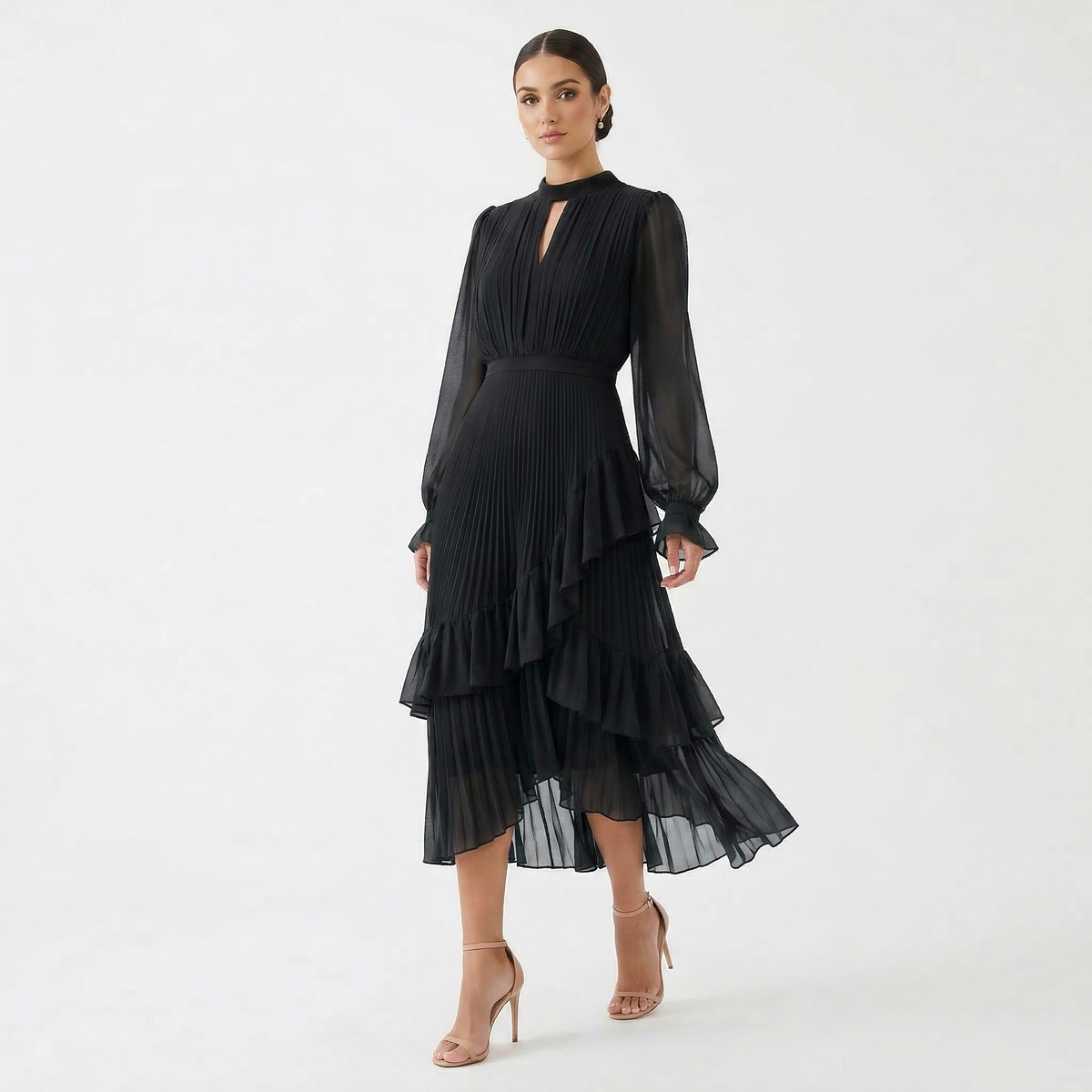 Vestido Midi Plisado con Volantes Cuello Alto