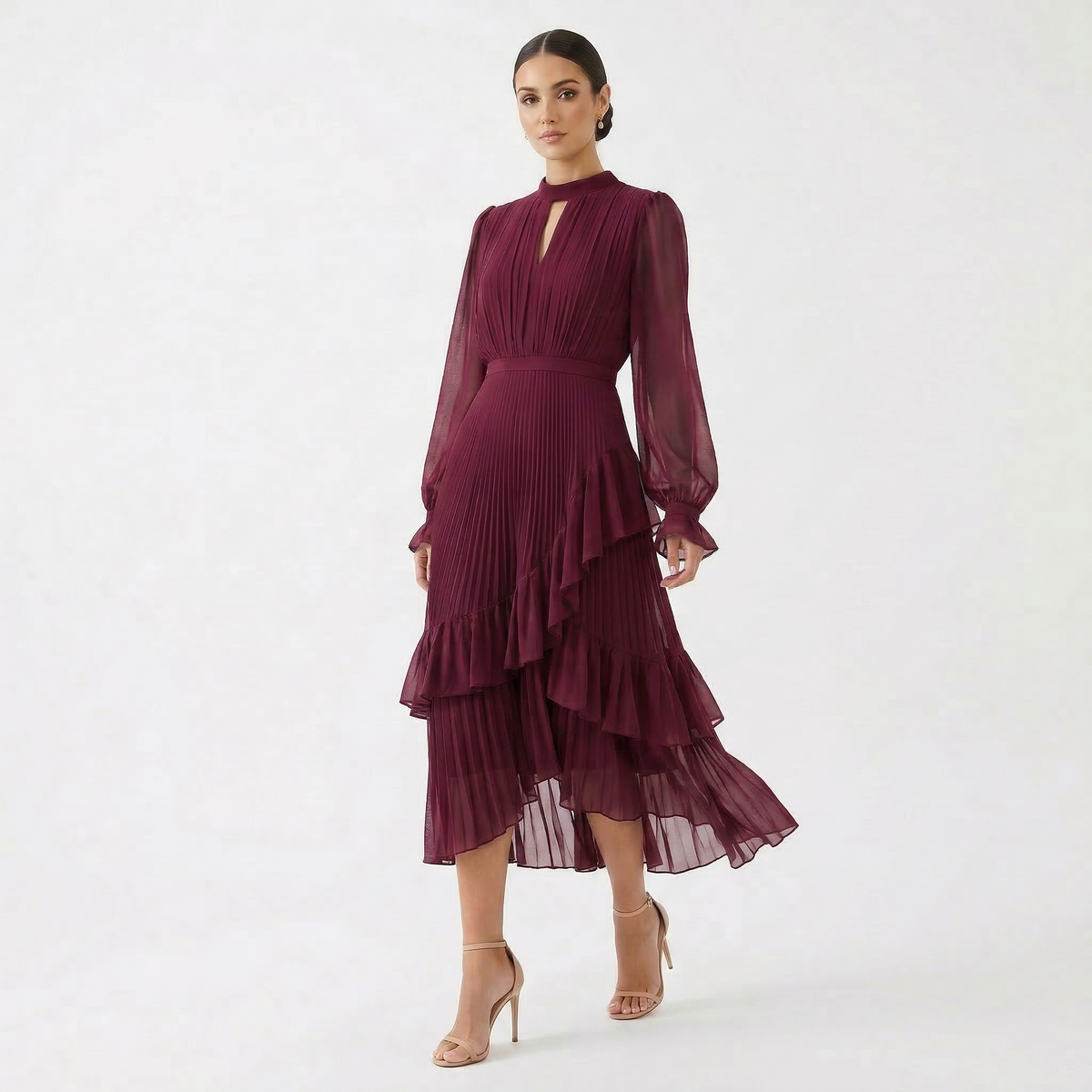 Vestido Midi Plisado con Volantes Cuello Alto