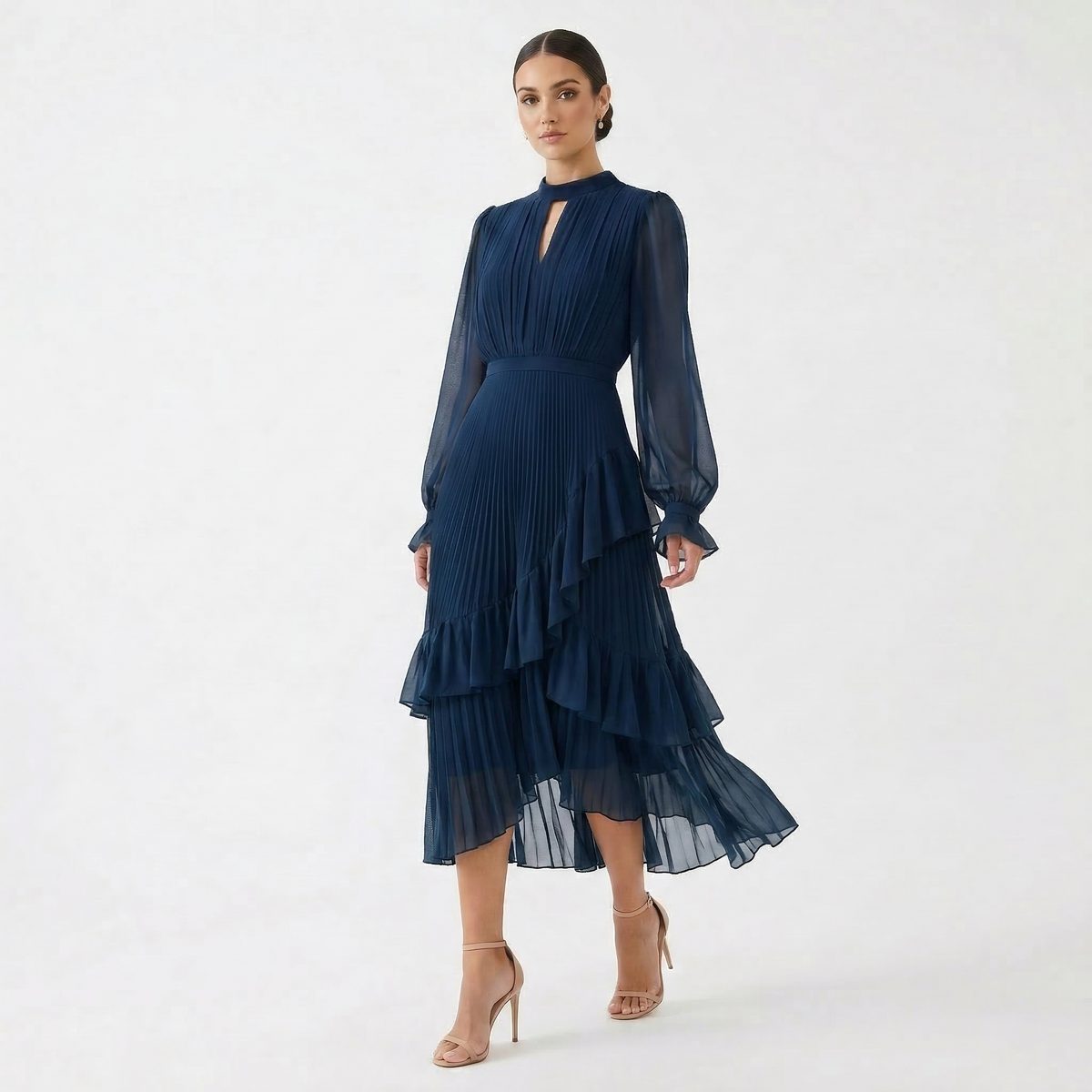 Vestido Midi Plisado con Volantes Cuello Alto