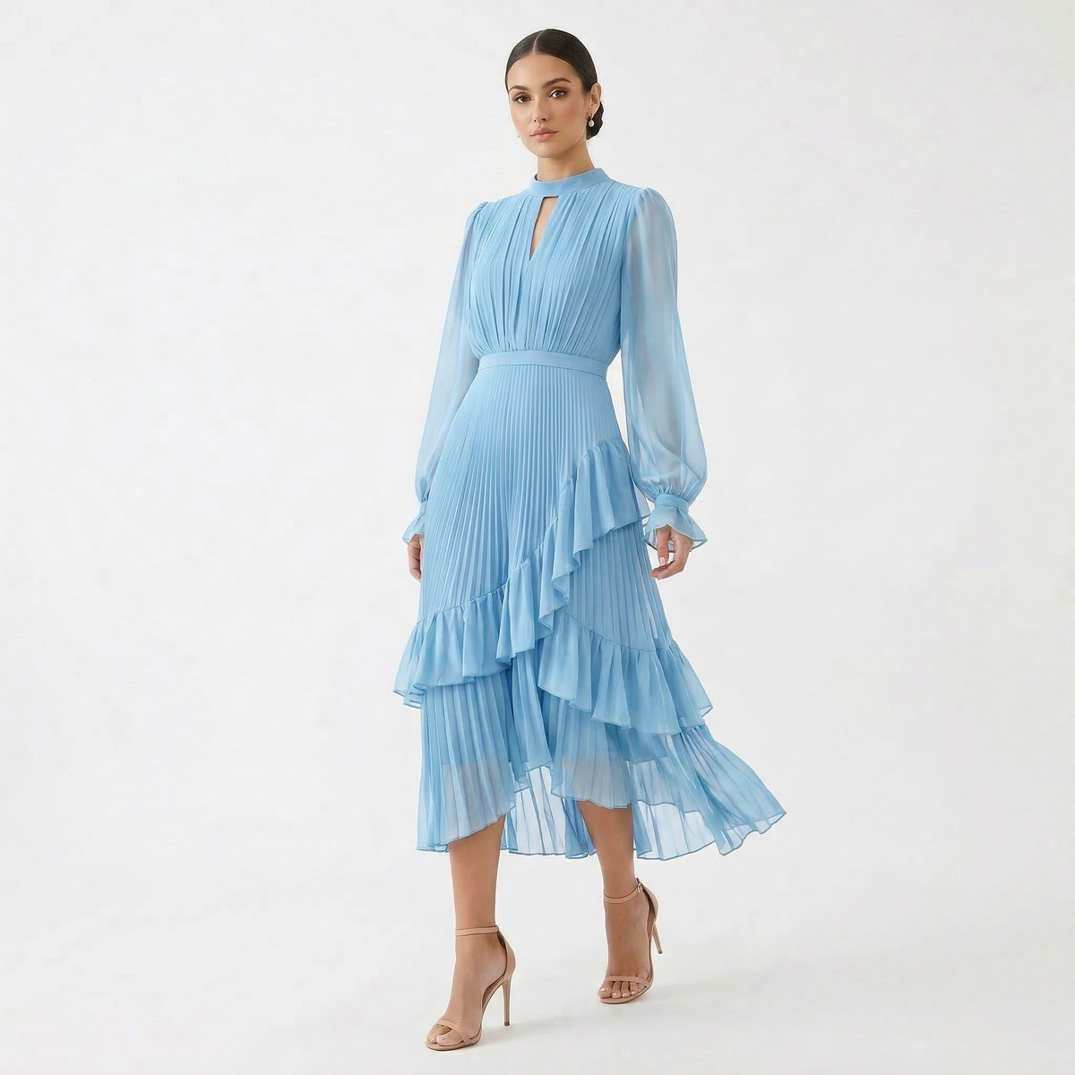 Vestido Midi Plisado con Volantes Cuello Alto