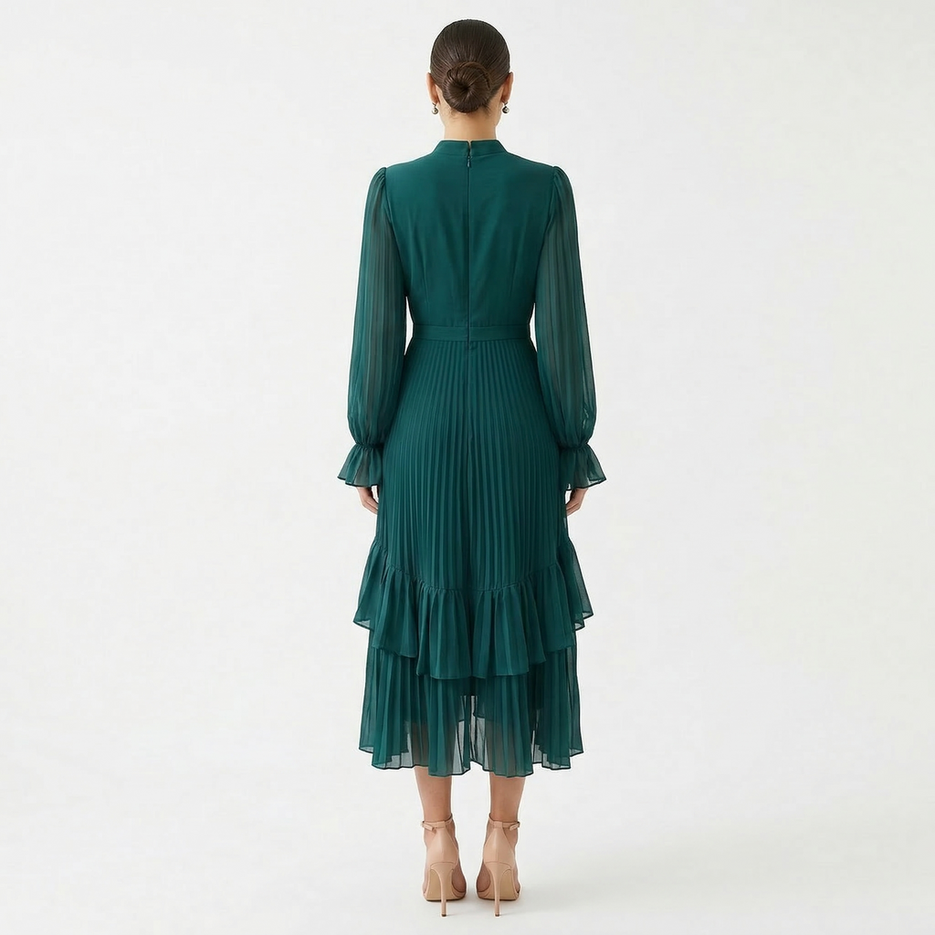 Vestido Midi Plisado con Volantes Cuello Alto