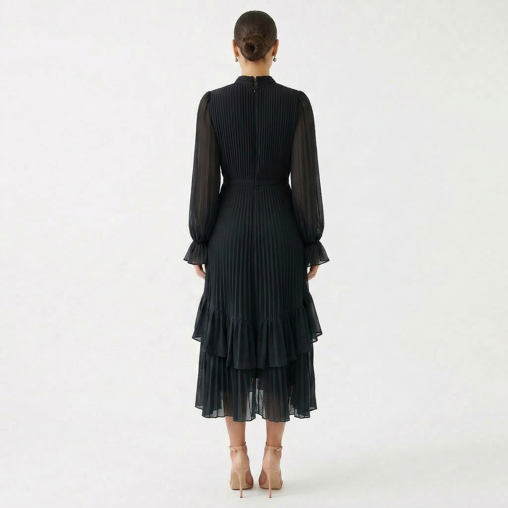 Vestido Midi Plisado con Volantes Cuello Alto