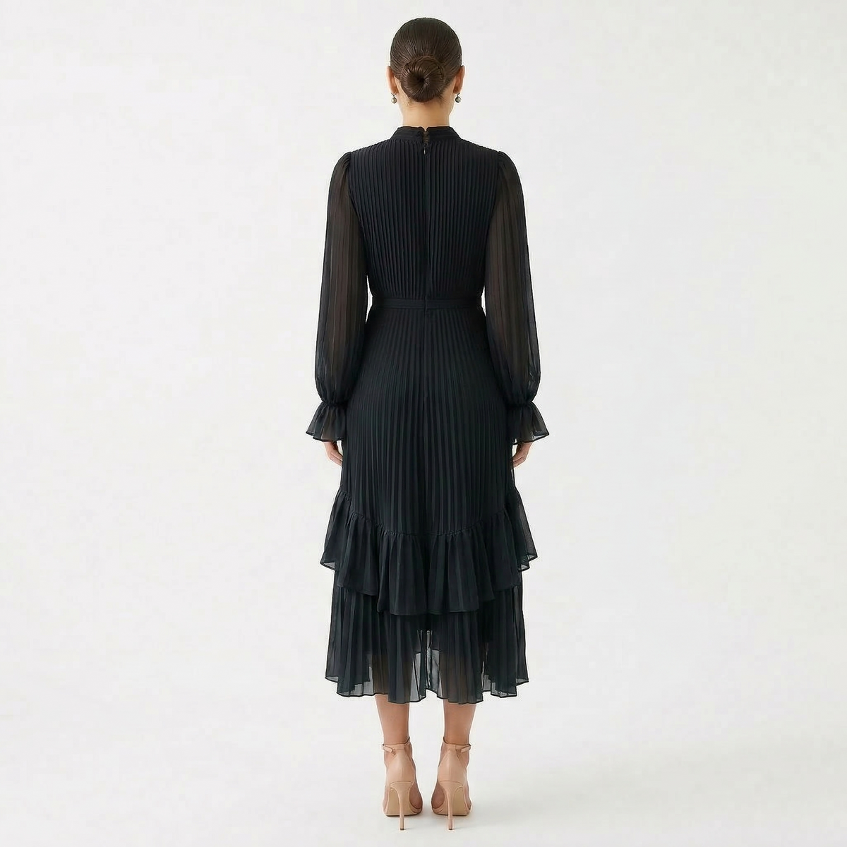 Vestido Midi Plisado con Volantes Cuello Alto