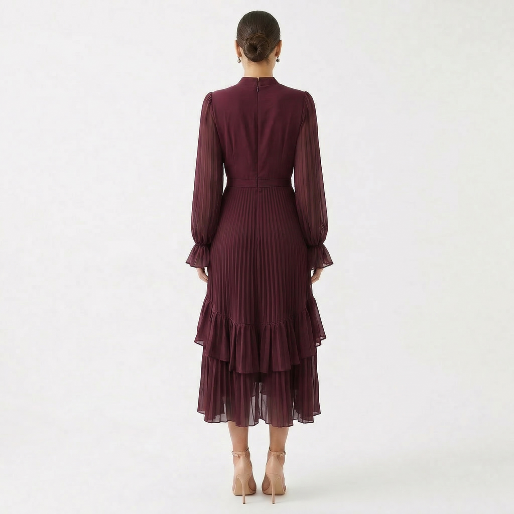 Vestido Midi Plisado con Volantes Cuello Alto