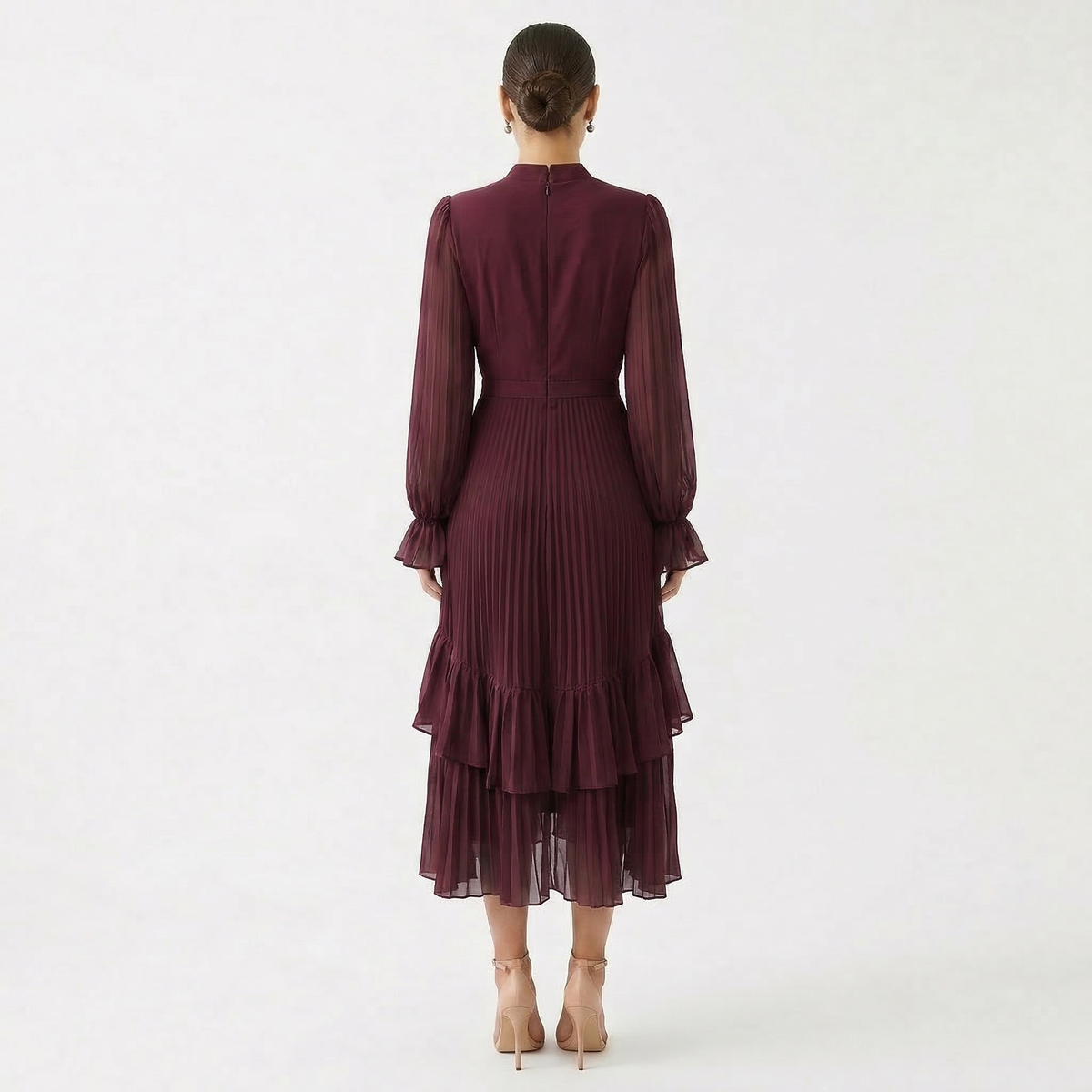 Vestido Midi Plisado con Volantes Cuello Alto