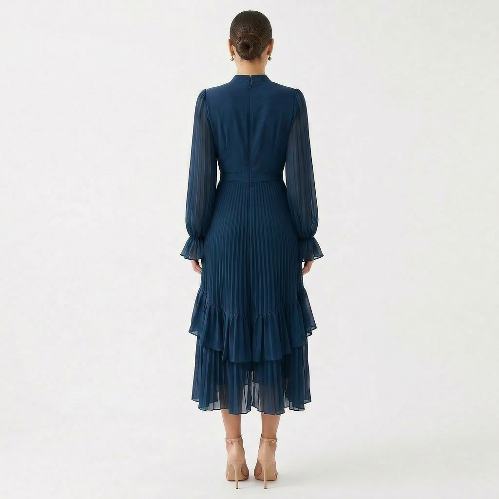Vestido Midi Plisado con Volantes Cuello Alto