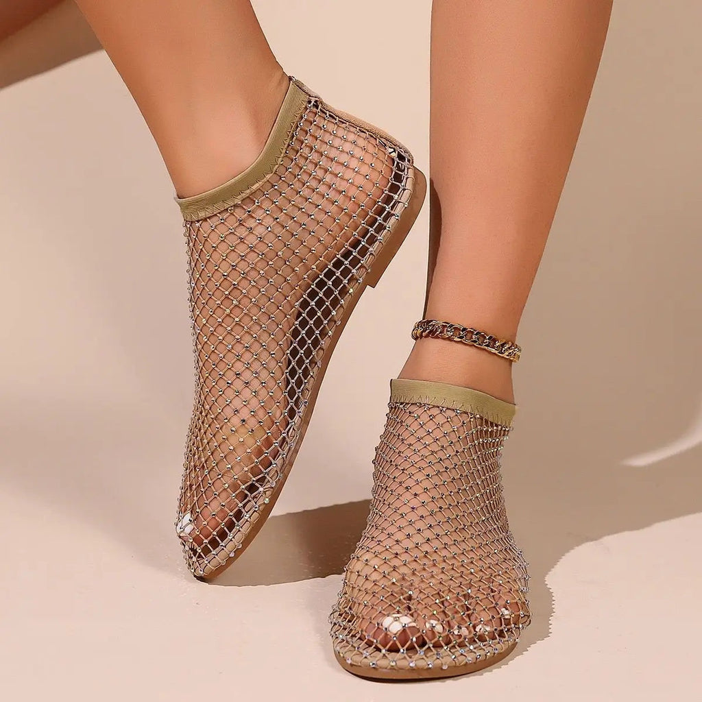 Zapatos Planos de Malla con Strass y Correa en el Empeine para Mujer