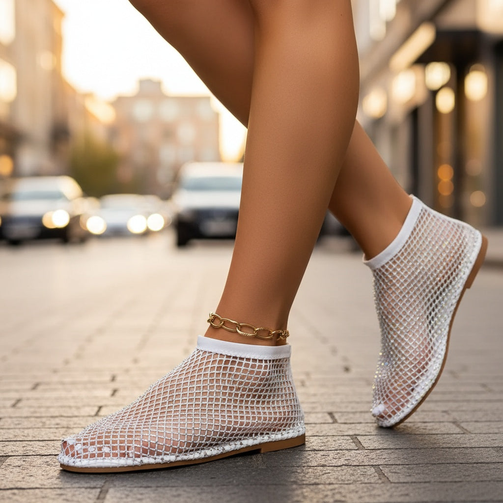 Zapatos Planos de Malla con Strass y Correa en el Empeine para Mujer