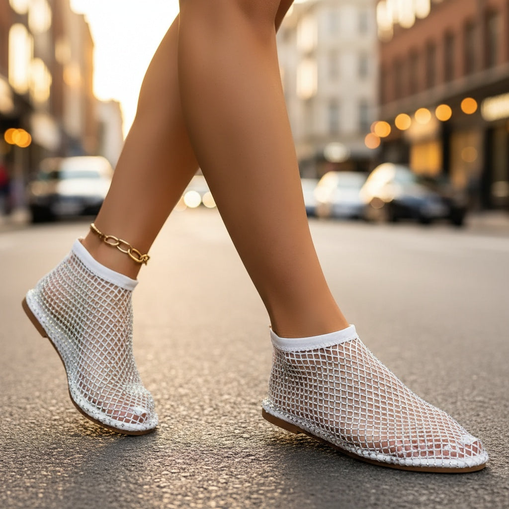 Zapatos Planos de Malla con Strass y Correa en el Empeine para Mujer