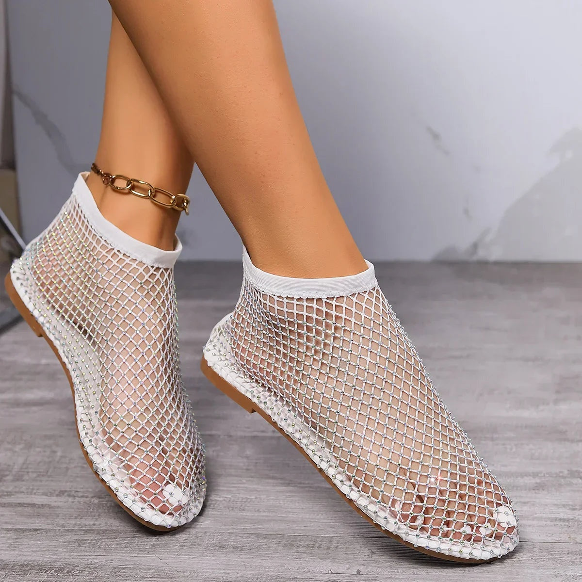 Zapatos Planos de Malla con Strass y Correa en el Empeine para Mujer