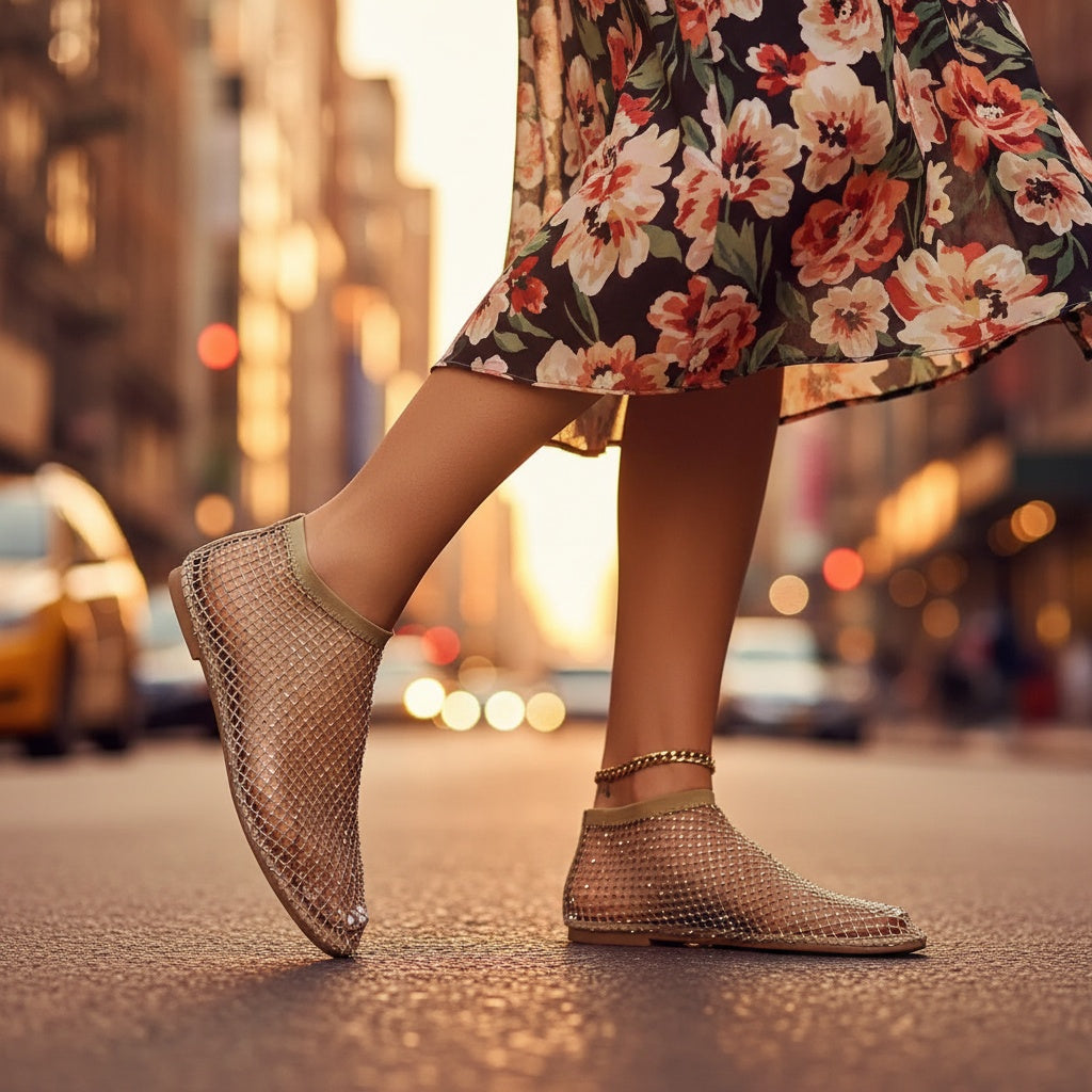 Zapatos Planos de Malla con Strass y Correa en el Empeine para Mujer