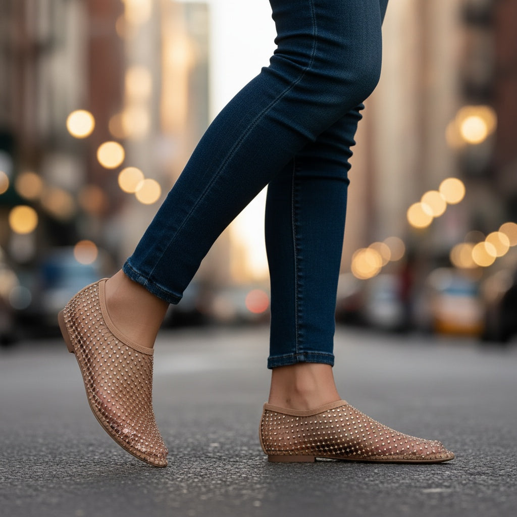 Zapatos Planos de Malla con Strass y Correa en el Empeine para Mujer