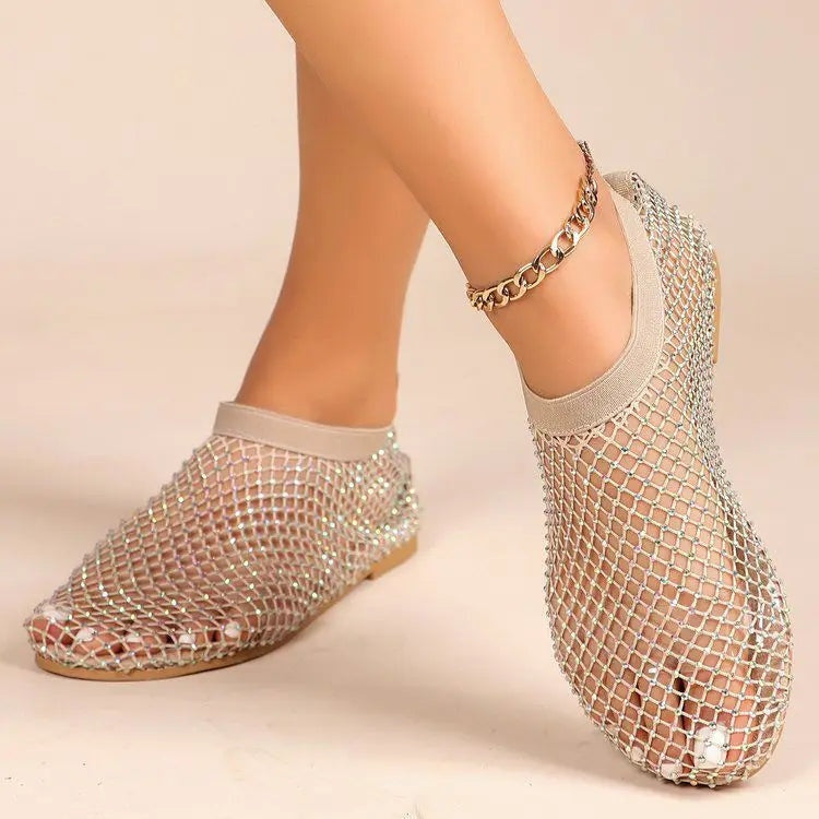 Zapatos Planos de Malla con Strass y Correa en el Empeine para Mujer